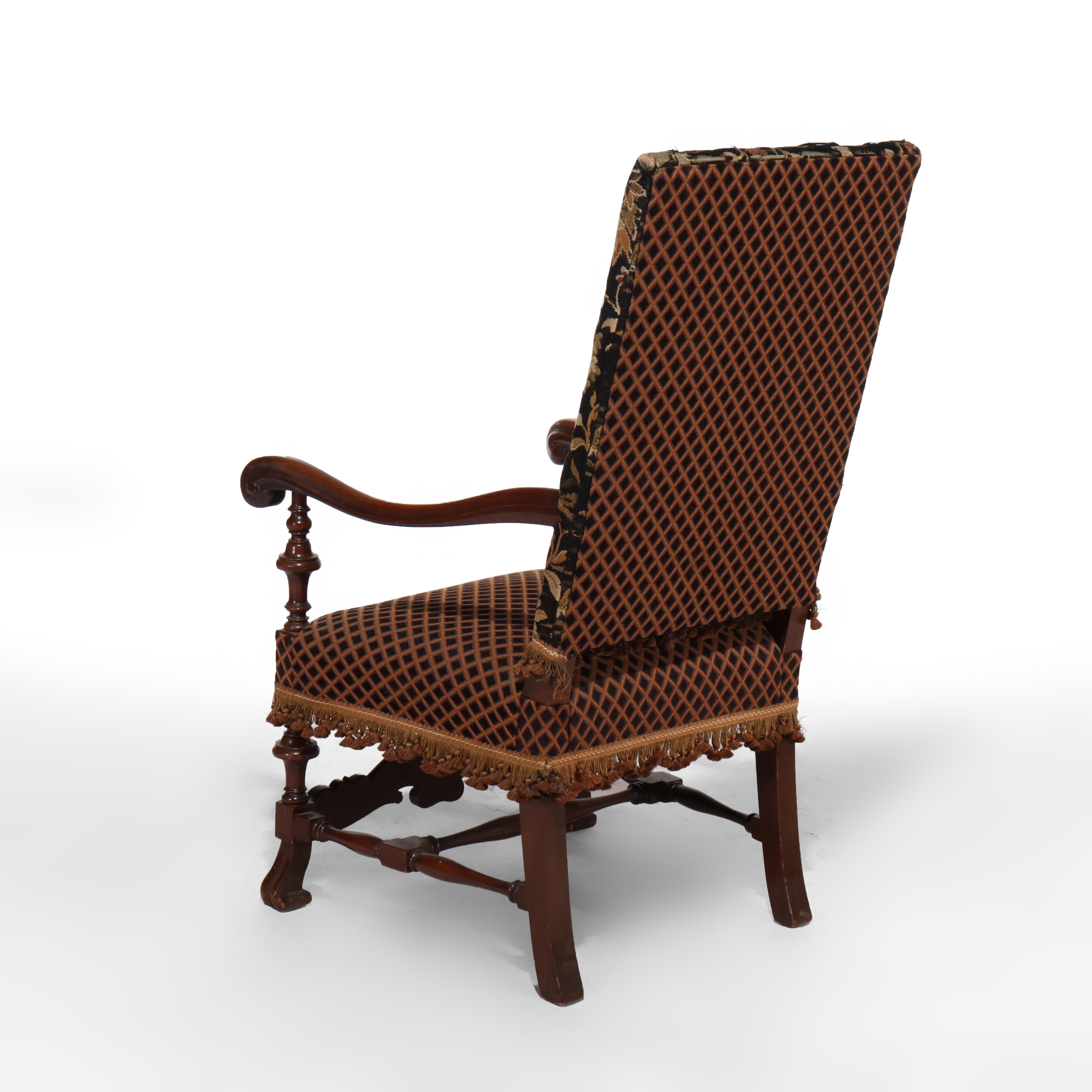 Antiguo Sillón de Trono Carlos II de Caoba Tallada y Tapiz Escénico c1890 en venta 1