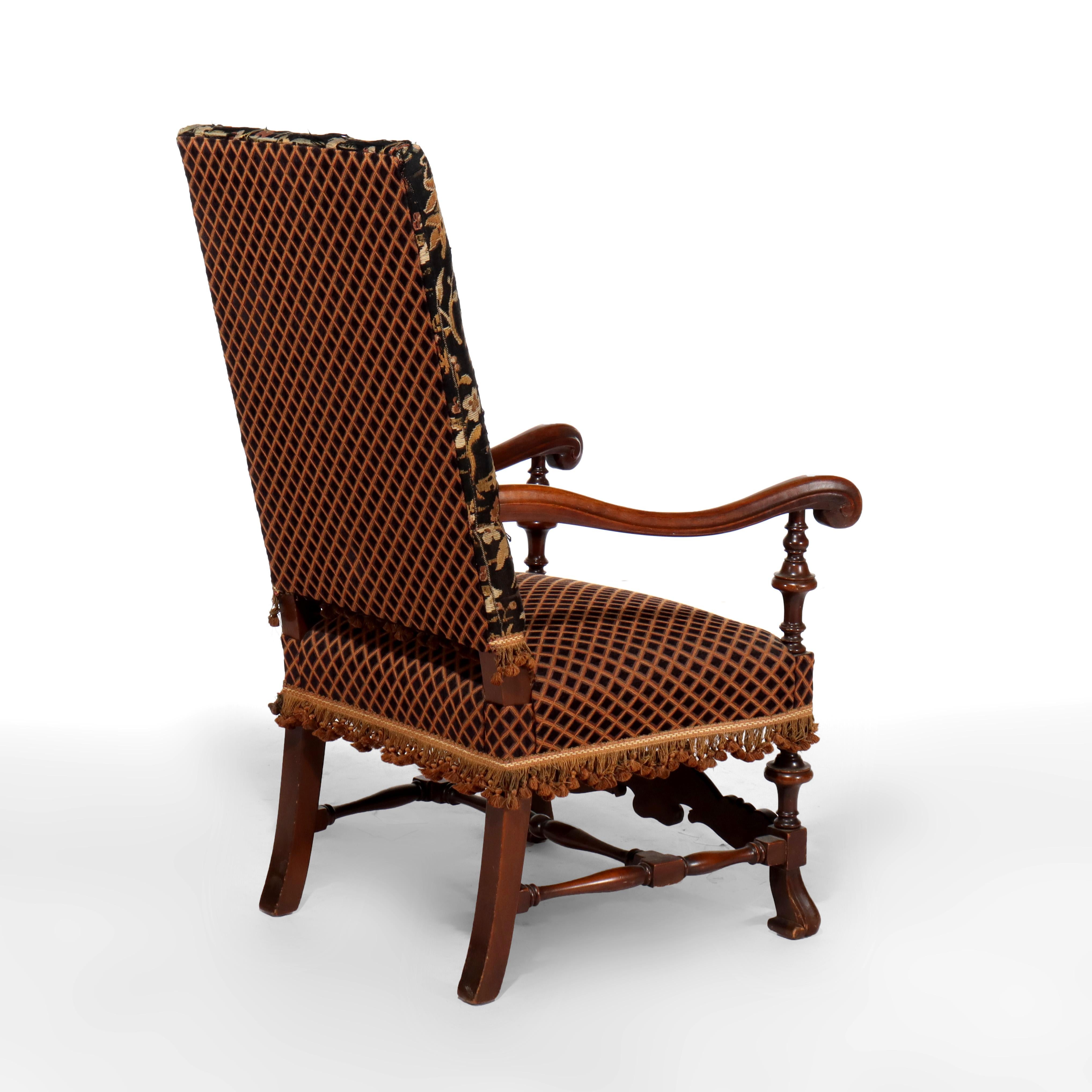 Antiguo Sillón de Trono Carlos II de Caoba Tallada y Tapiz Escénico c1890 en venta 2