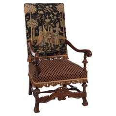 Antiguo Sillón de Trono Carlos II de Caoba Tallada y Tapiz Escénico c1890