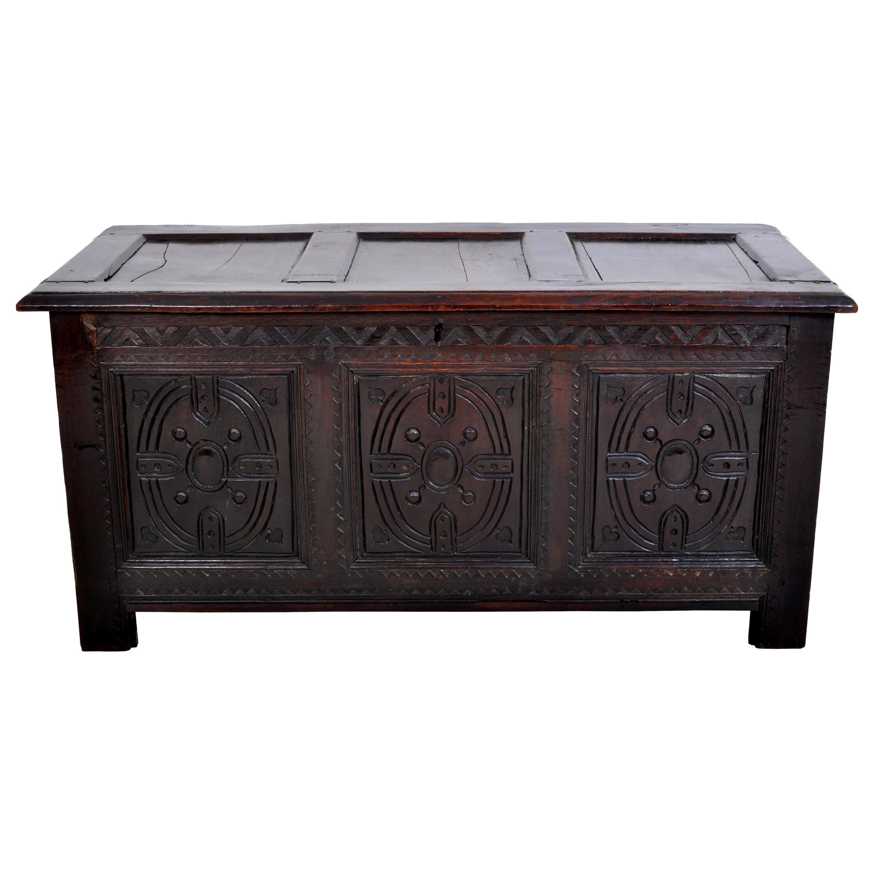 Antique Charles II Carved Oak Coffer / Chest / Trunk, circa 1670 For Sale