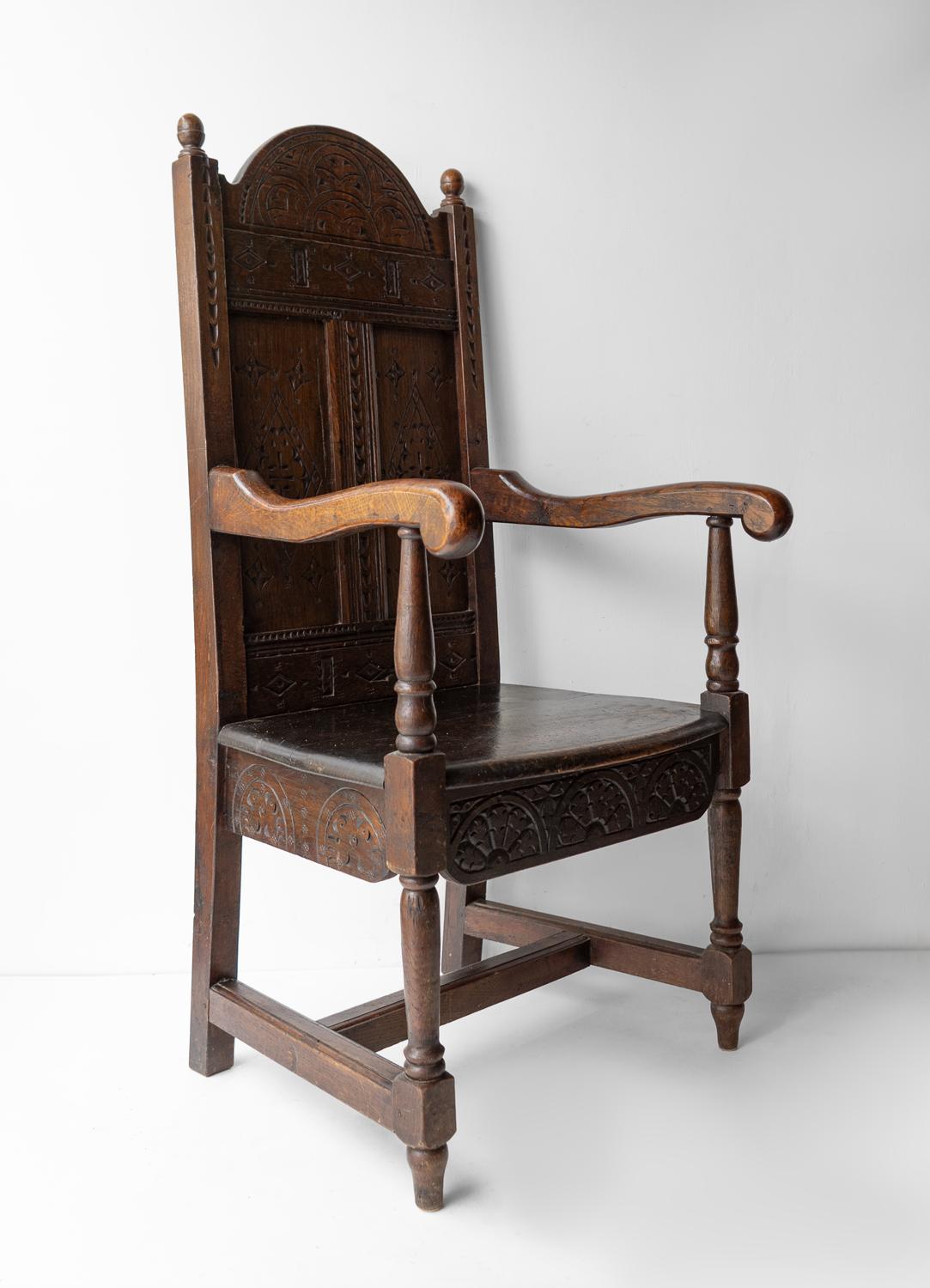 Antique Charles II Carved Oak Wainscot Chair, 17th Century Armchair 3