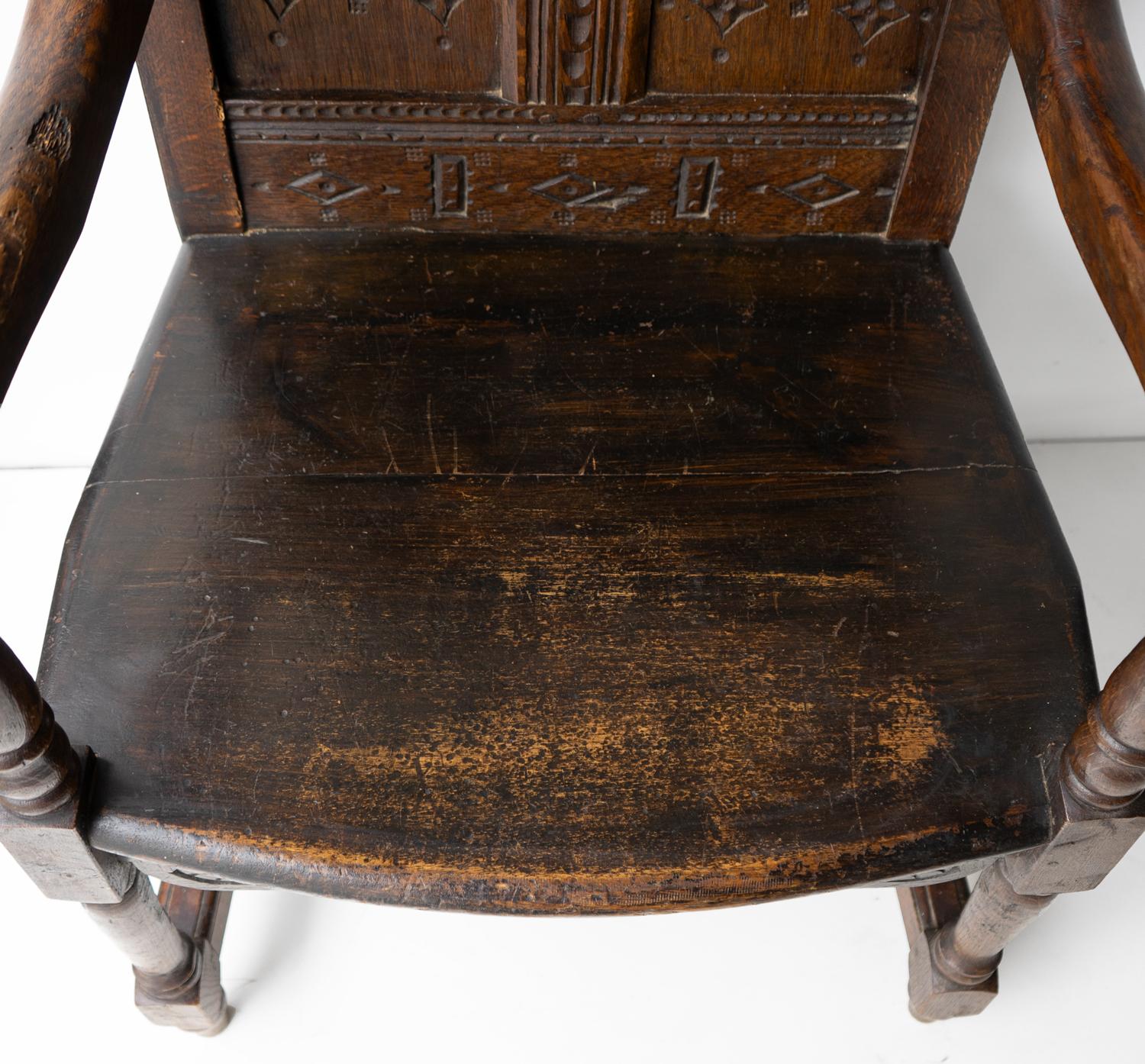 Antique Charles II Carved Oak Wainscot Chair, 17th Century Armchair 7