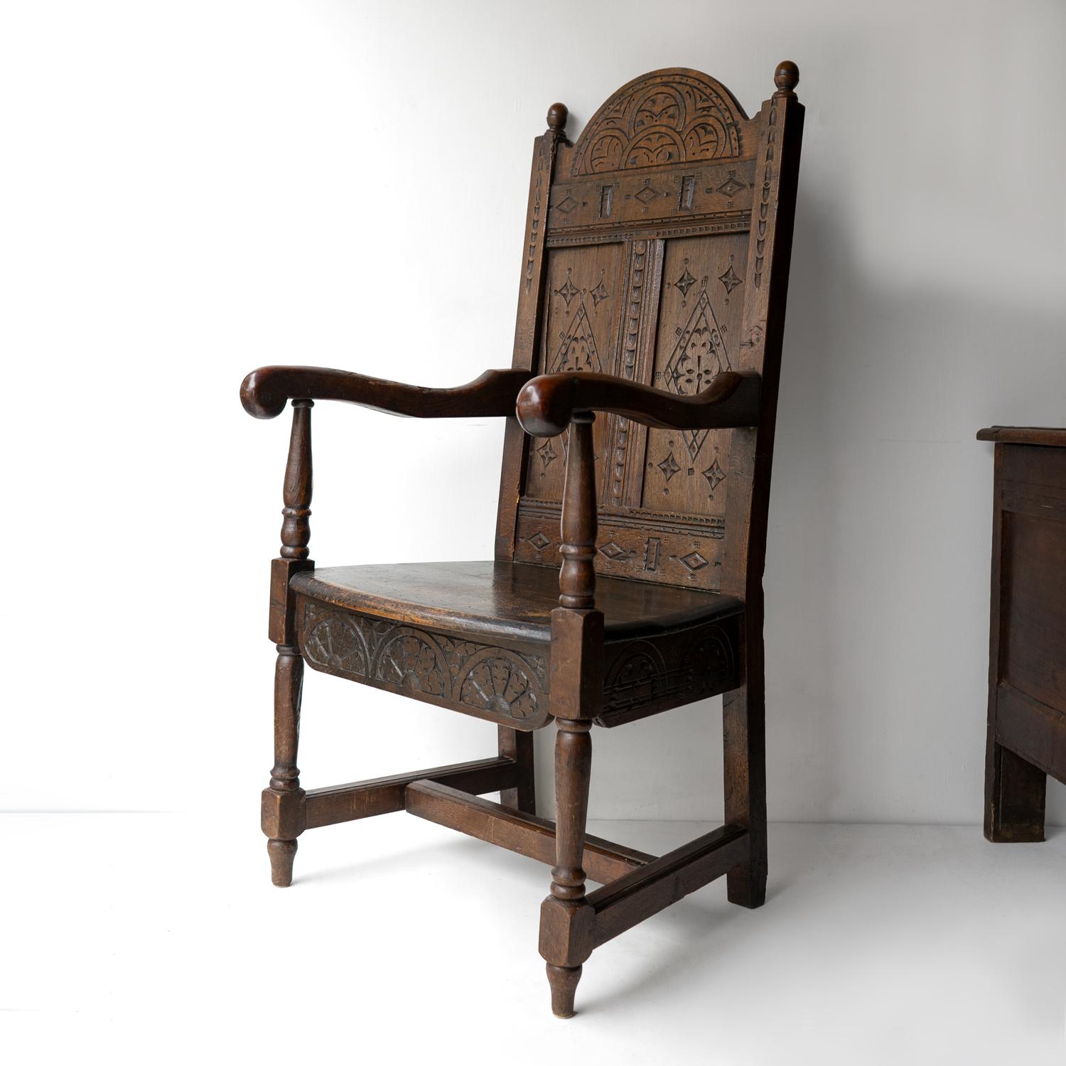 English Antique Charles II Carved Oak Wainscot Chair, 17th Century Armchair