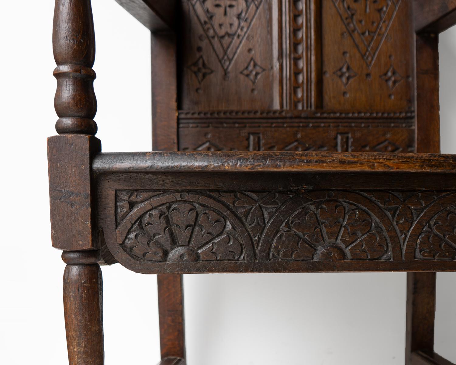 Antique Charles II Carved Oak Wainscot Chair, 17th Century Armchair In Good Condition In Bristol, GB