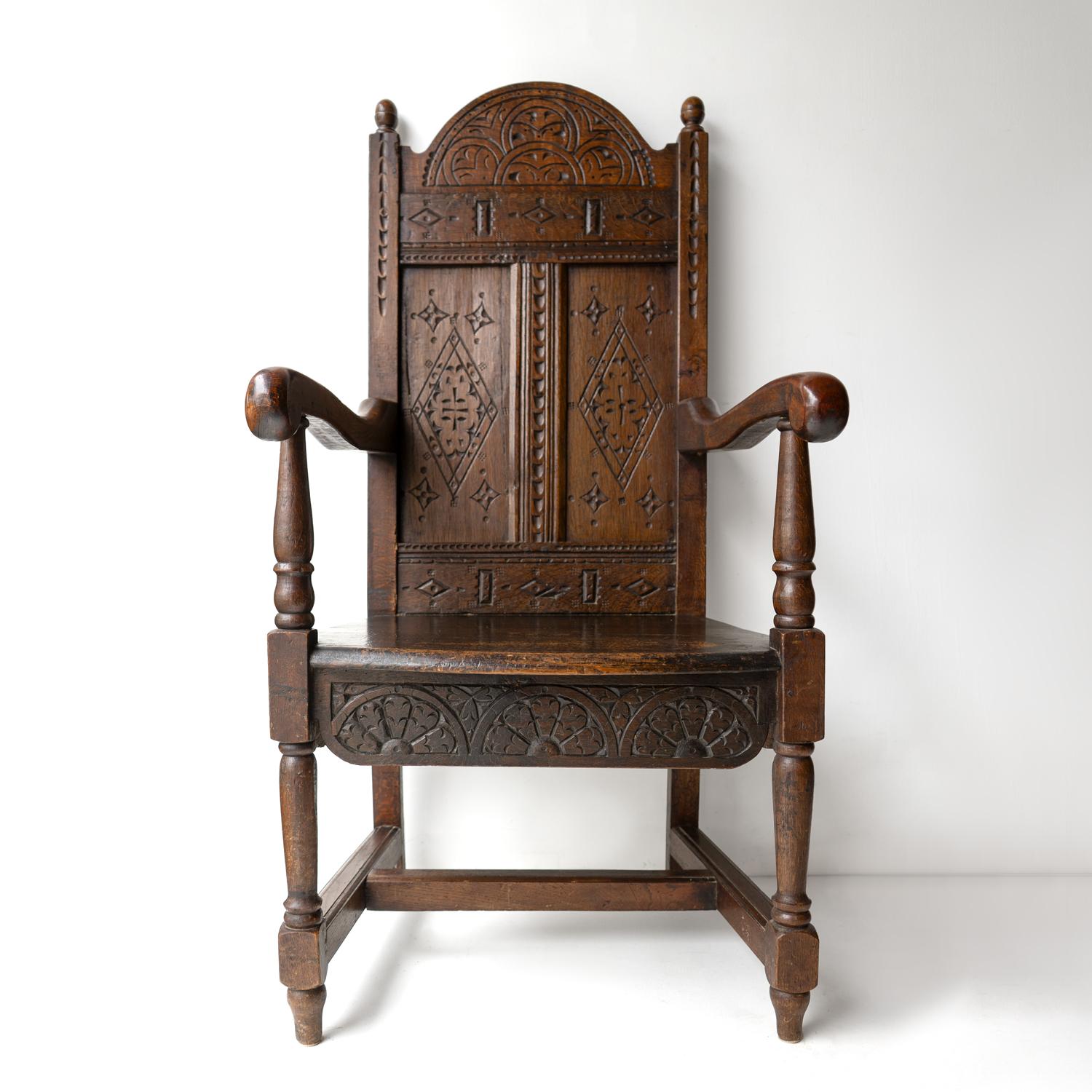 Antique Charles II Carved Oak Wainscot Chair, 17th Century Armchair 1