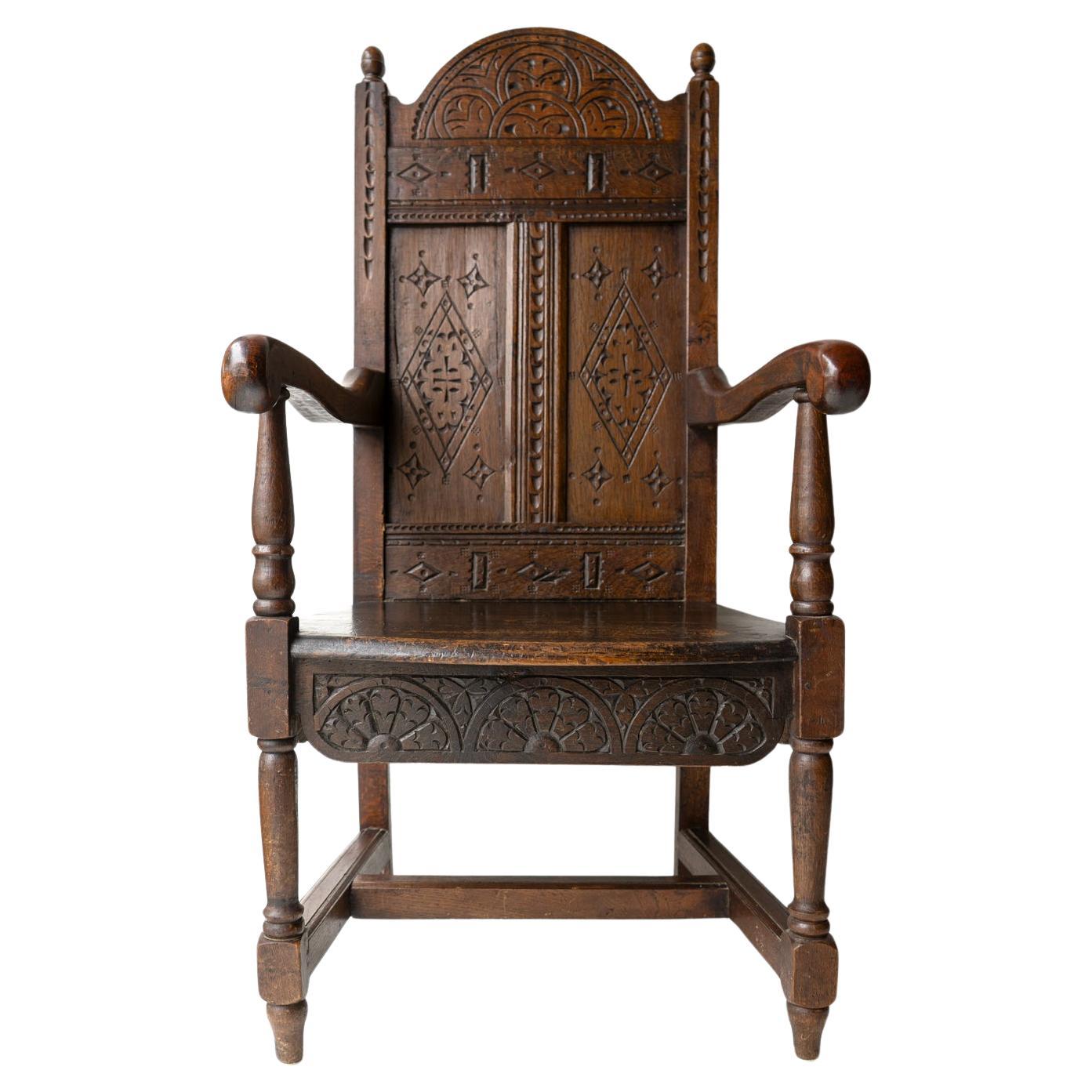 Antique Charles II Carved Oak Wainscot Chair, 17th Century Armchair