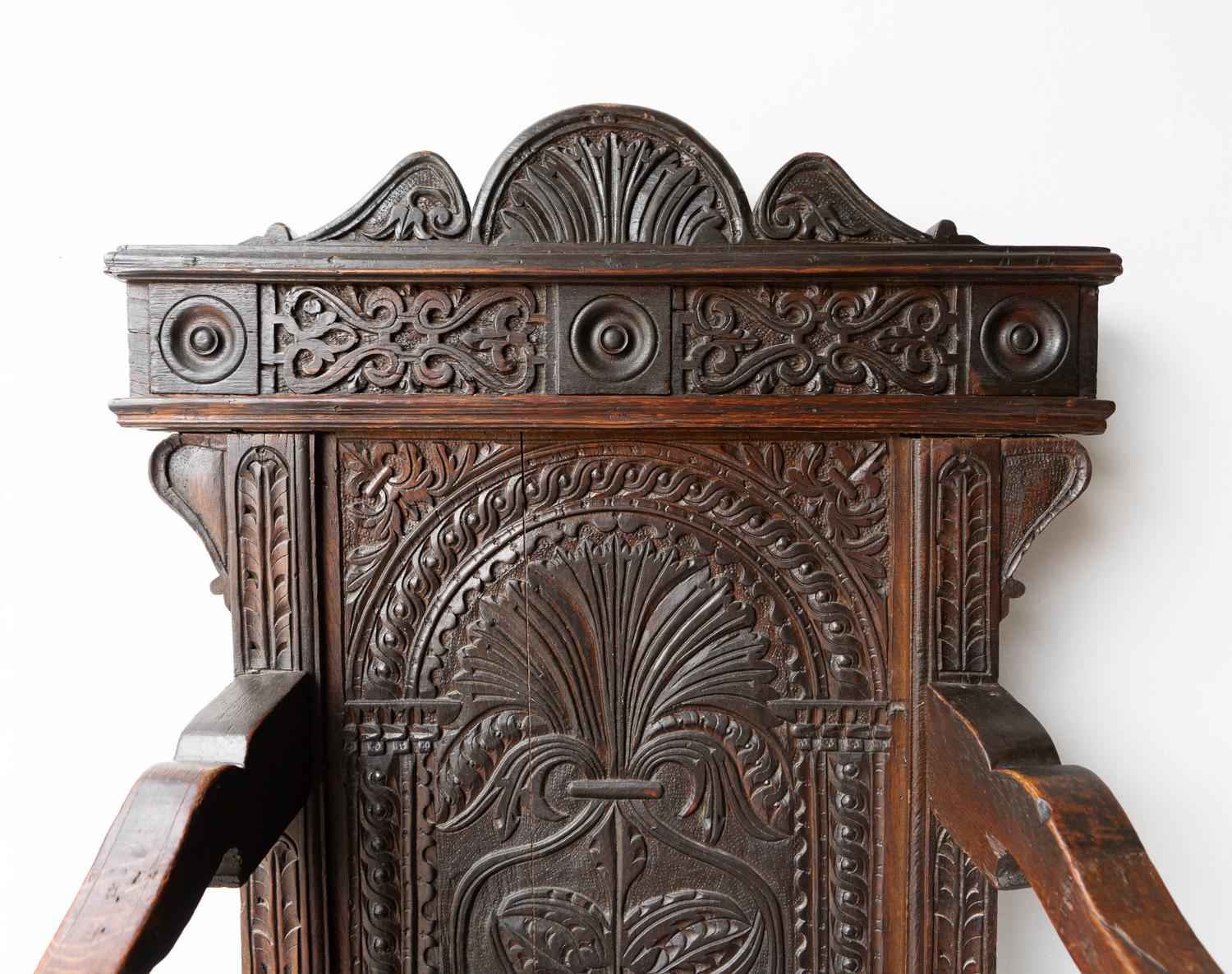 English Antique Charles II Carved Oak Wainscot Chair, Northern England, 17th Century