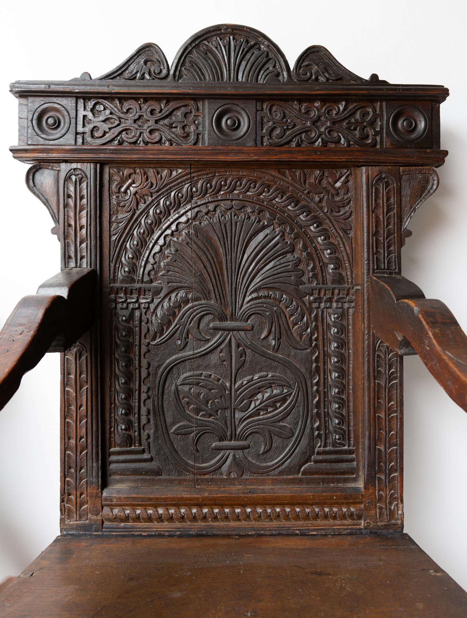 Hand-Carved Antique Charles II Carved Oak Wainscot Chair, Northern England, 17th Century