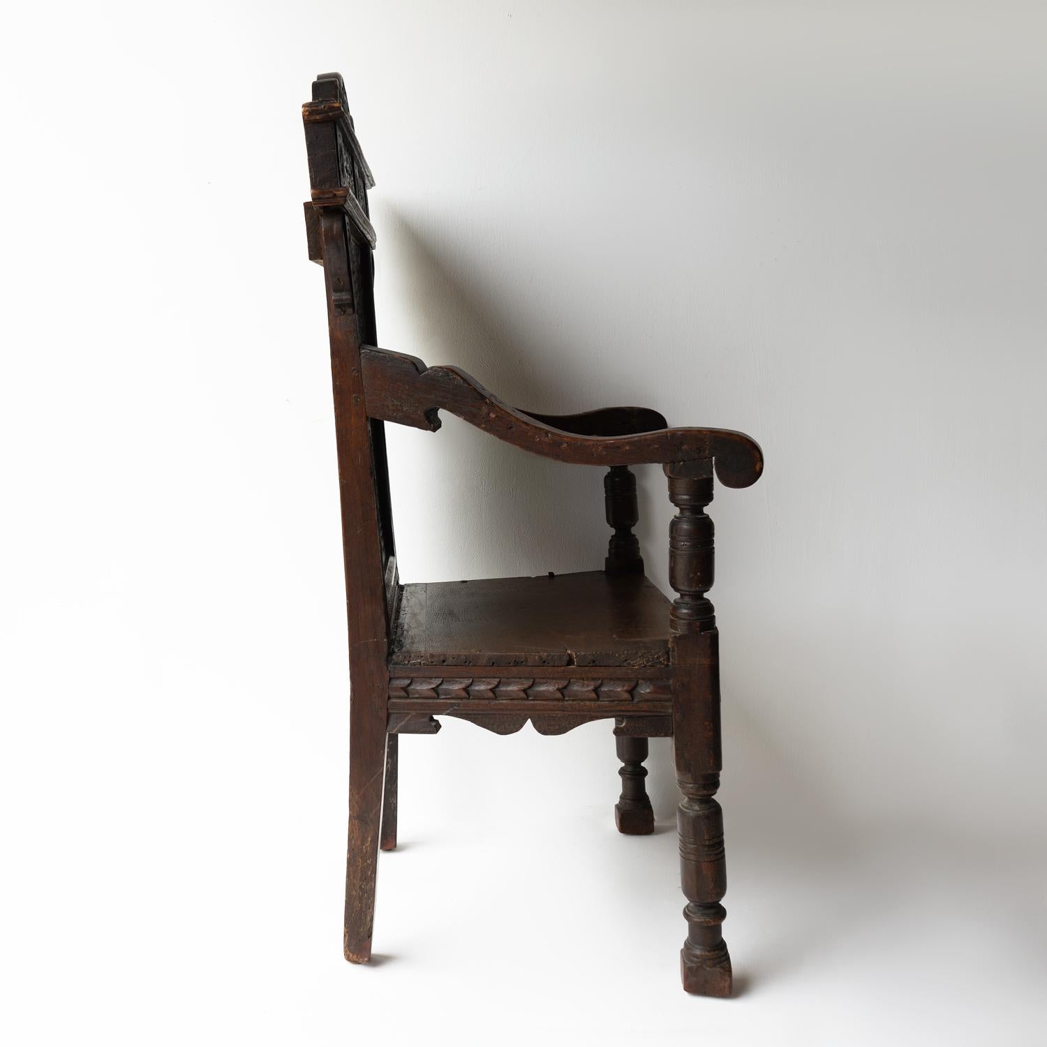 18th Century and Earlier Antique Charles II Carved Oak Wainscot Chair, Northern England, 17th Century