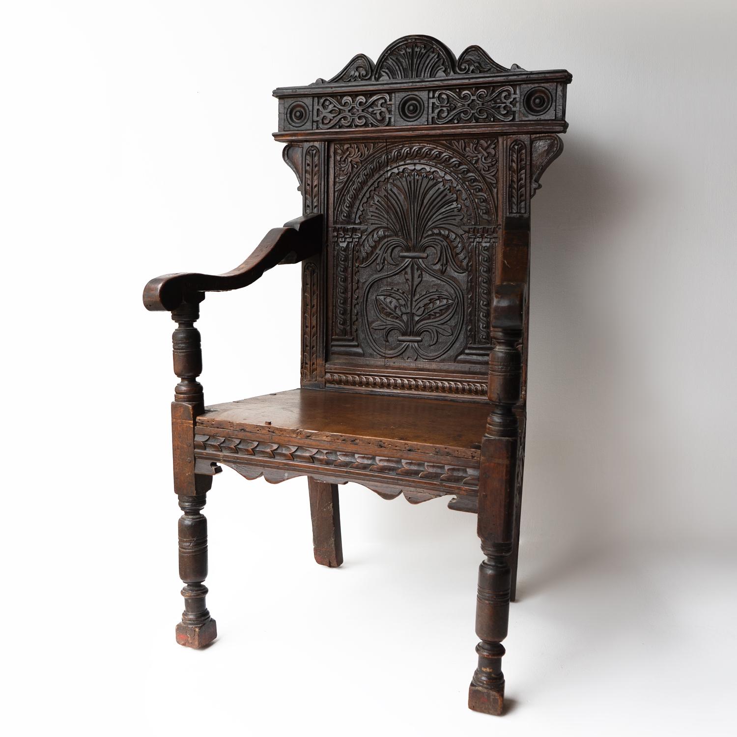 Antique Charles II Carved Oak Wainscot Chair, Northern England, 17th Century 2