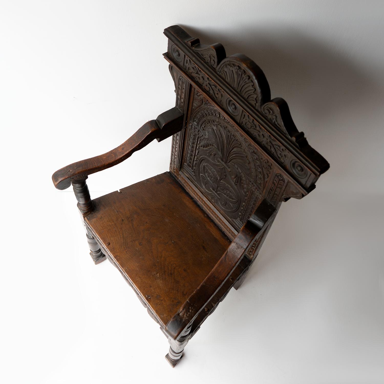 Antique Charles II Carved Oak Wainscot Chair, Northern England, 17th Century 3