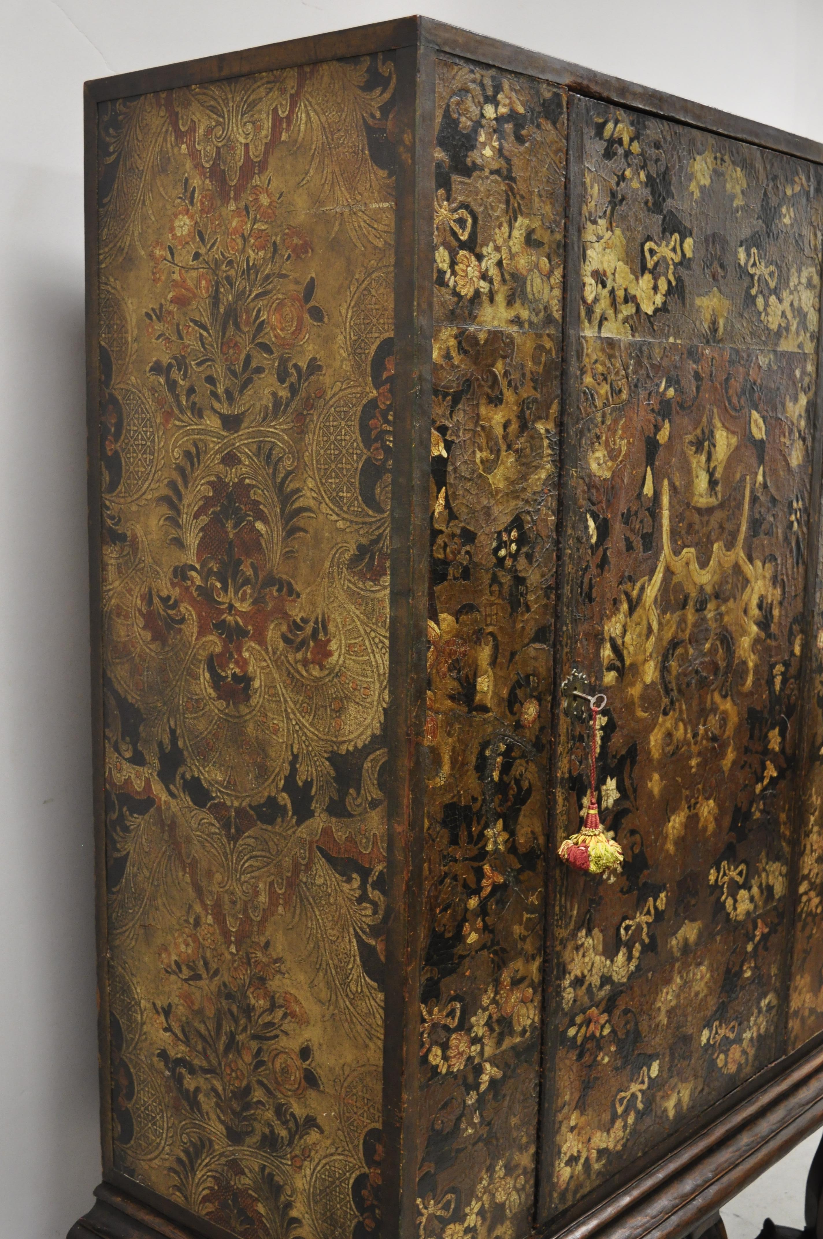 European Antique Charles II Georgian Japanned Carved Lacquer China Cabinet on Base For Sale