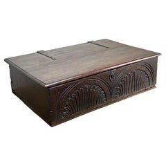 Antique Charles II Oak Bible Box with Carved Facade c. 1660-1685