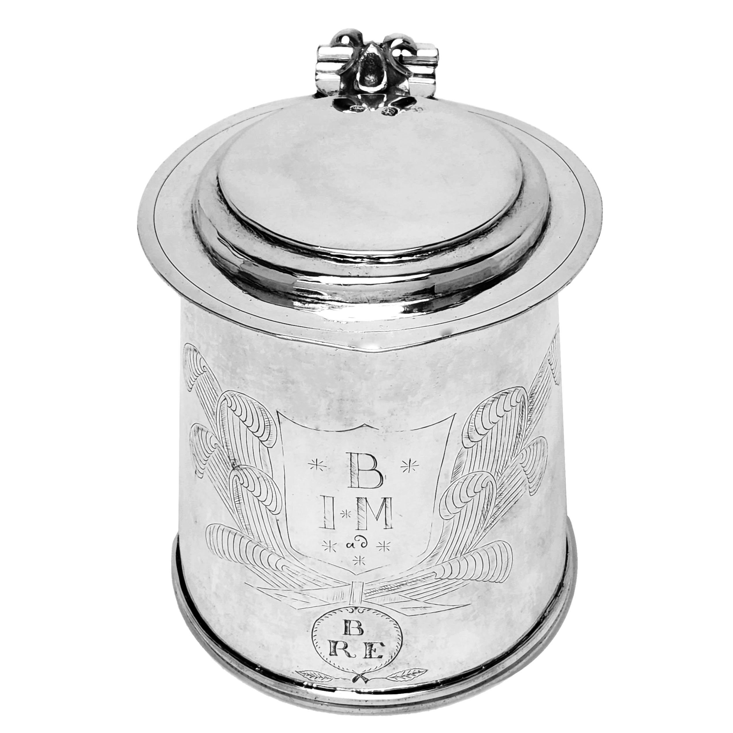 English Antique Charles II Sterling Silver Lidded Tankard Beer Mug 1672 17th Century For Sale