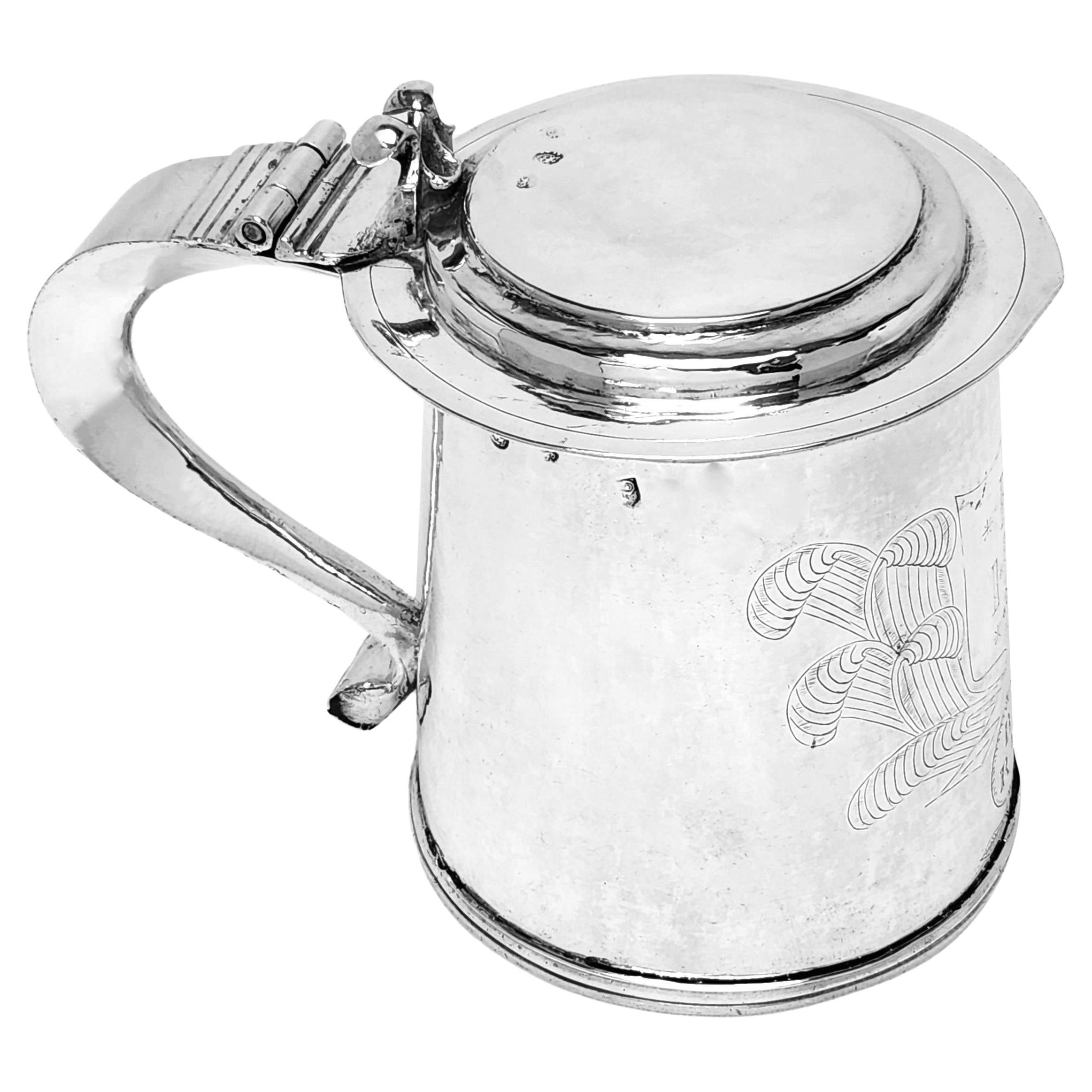 Antique Charles II Sterling Silver Lidded Tankard Beer Mug 1672 17th Century For Sale