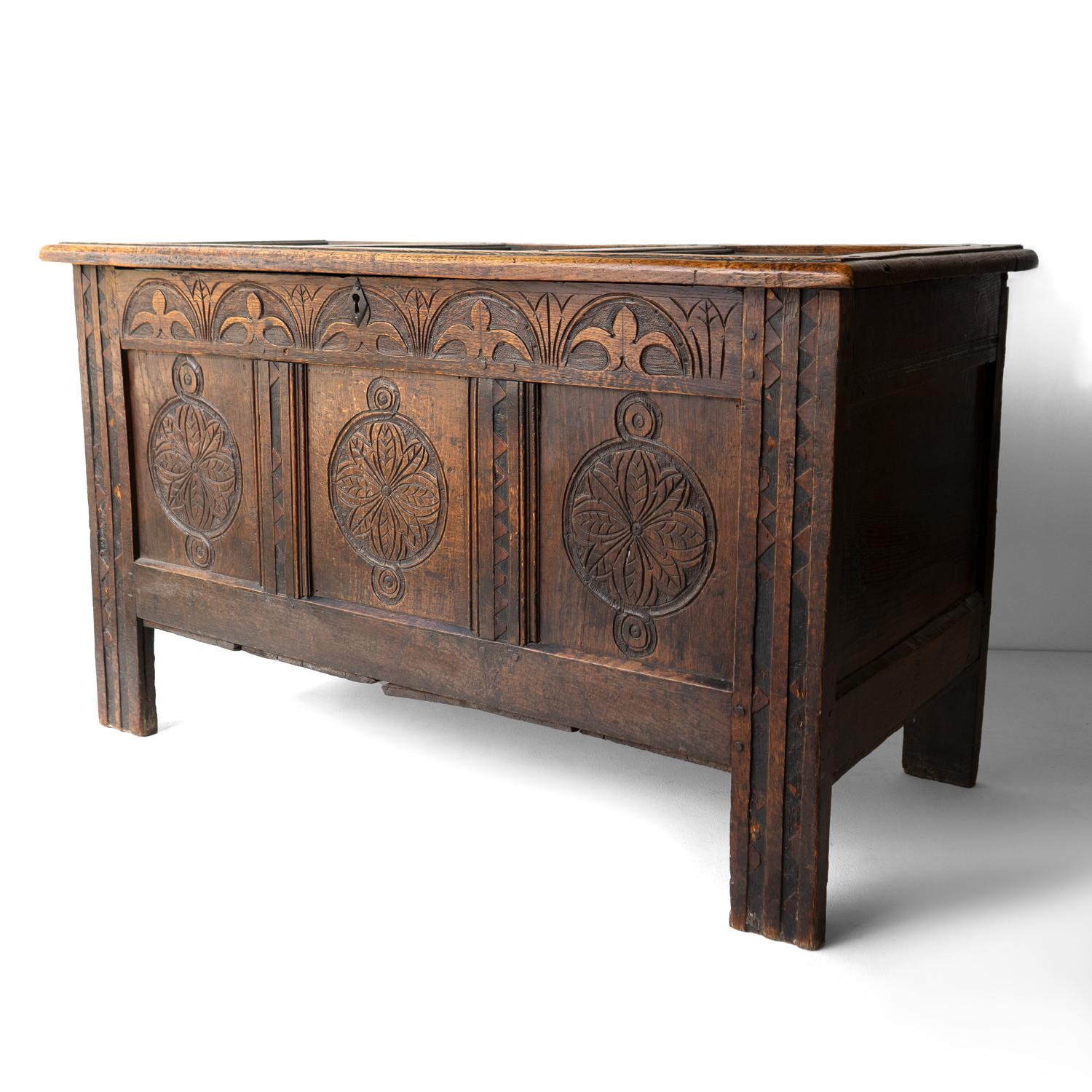 Hand-Carved Antique Charles II West Country Carved Oak Coffer 17th Century Blanket Box Chest For Sale