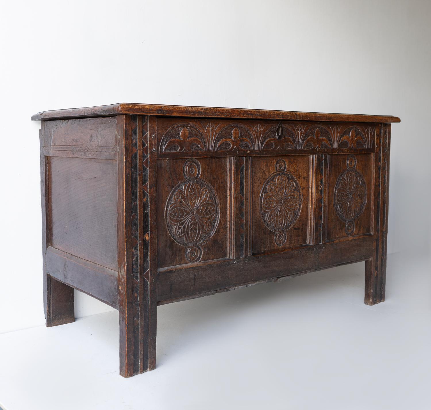Wood Antique Charles II West Country Carved Oak Coffer 17th Century Blanket Box Chest For Sale