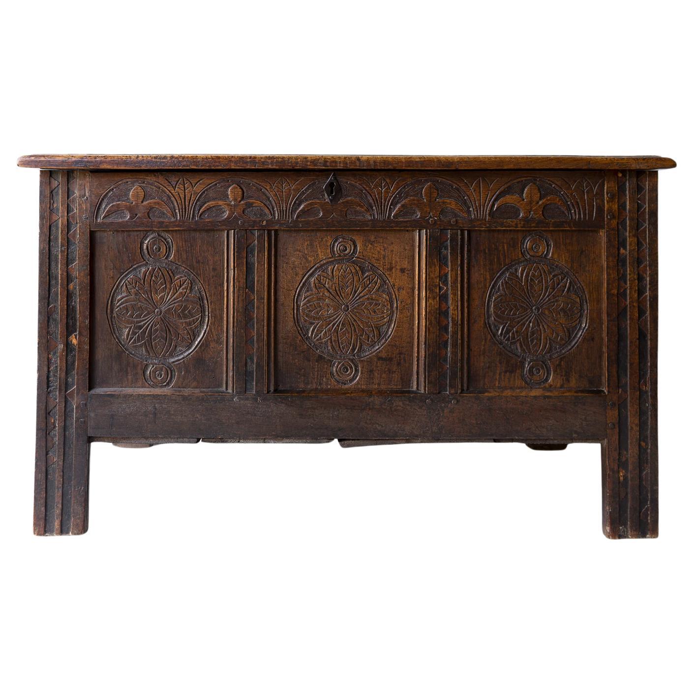 Antique Charles II West Country Carved Oak Coffer 17th Century Blanket Box Chest For Sale
