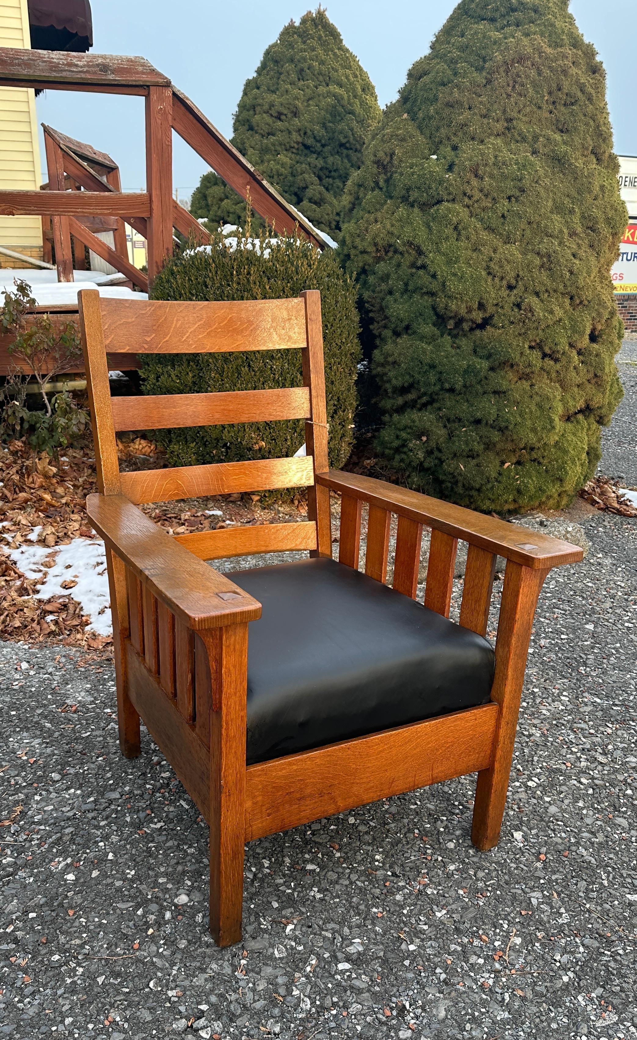 Arts and Crafts Antique Charles STICKLEY  Large Arm Chair with Slats to Each Arm - #W8106 SALE