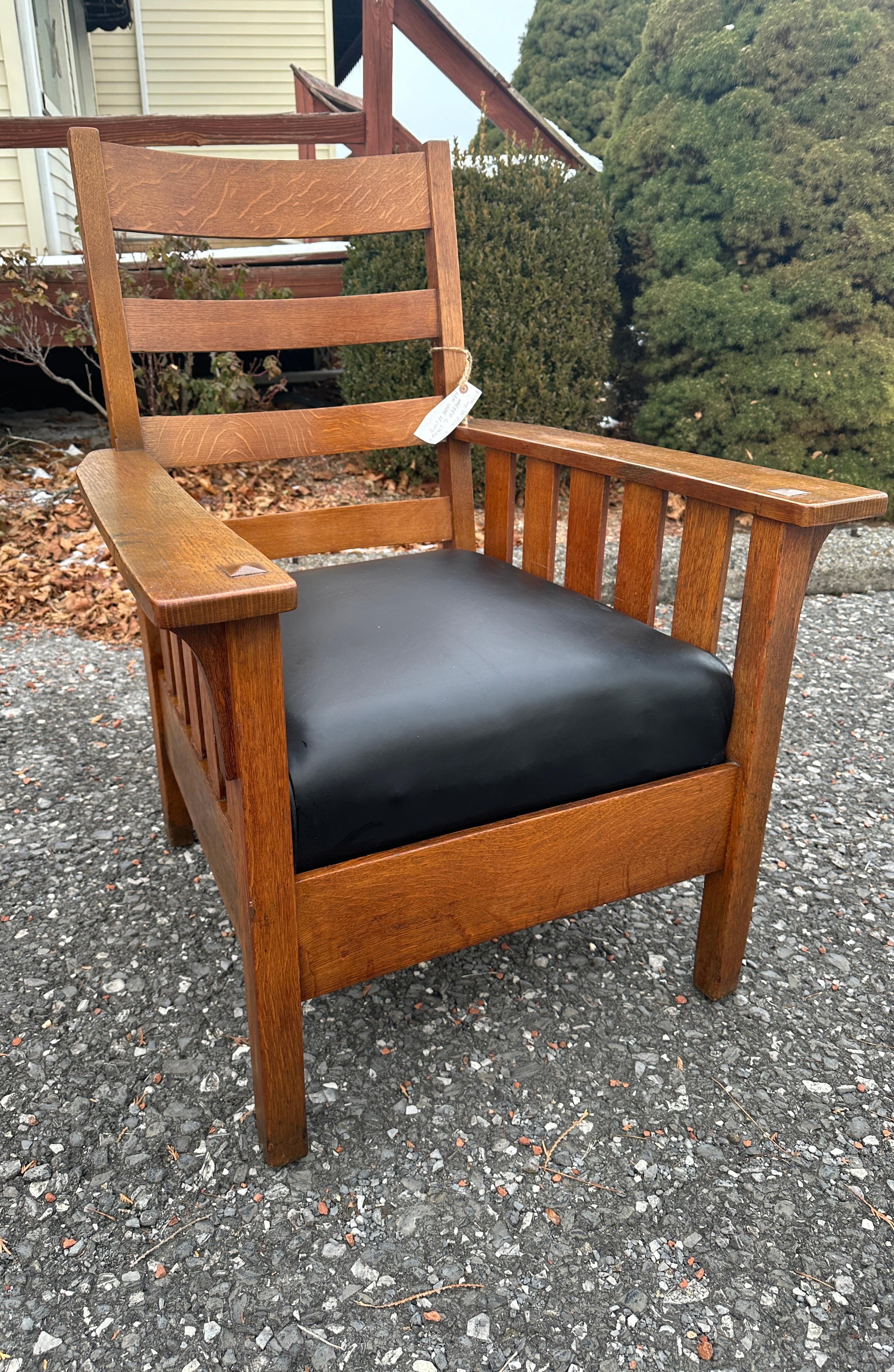 Leather Antique Charles STICKLEY  Large Arm Chair with Slats to Each Arm - #W8106 SALE