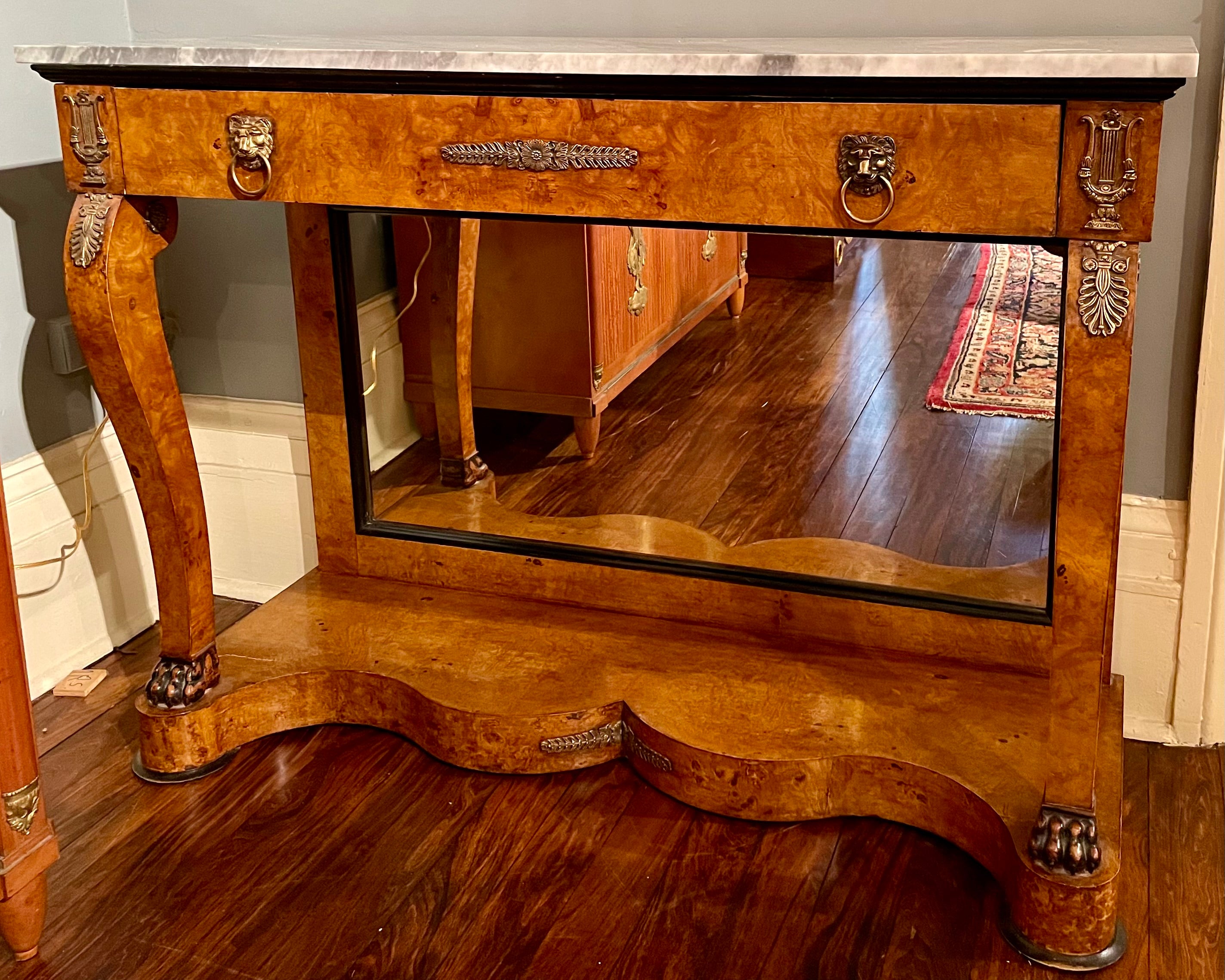 Antique Charles X birds eye maple console table, circa 1900.