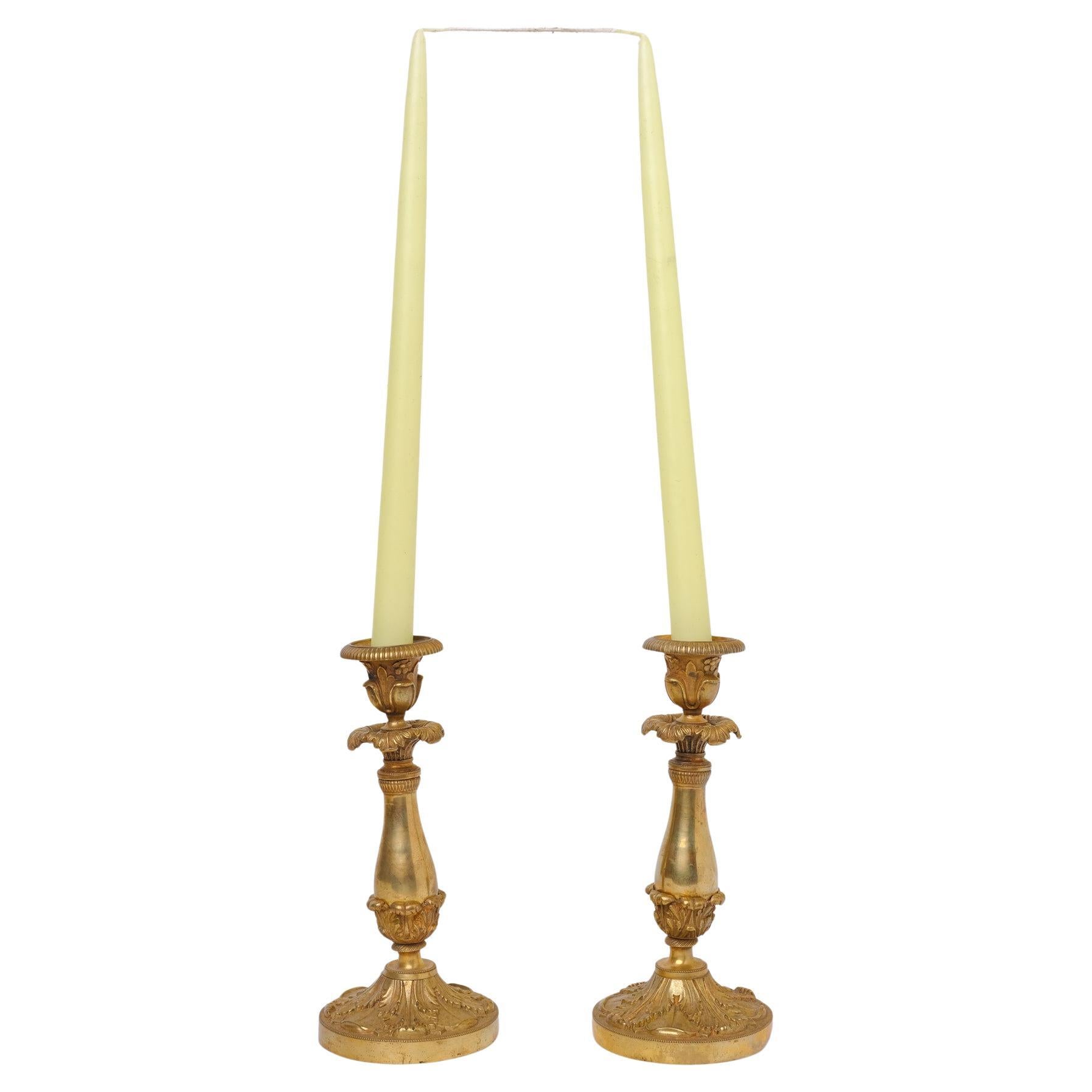 Antique Charles X Candlesticks in Golden Bronze