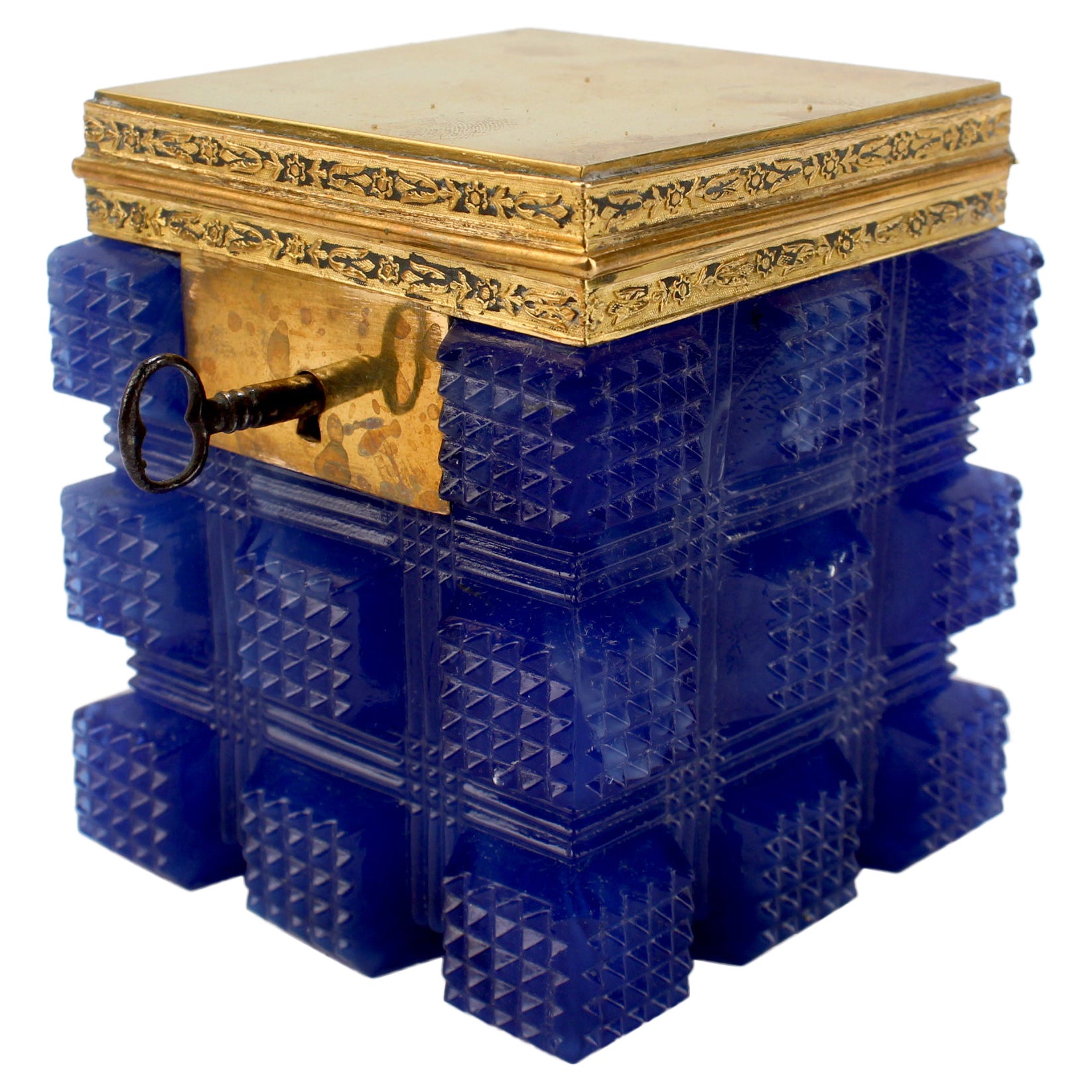 Antique Charles X French Blue Agate Pressed 
Cut Glass Table Casket or Box