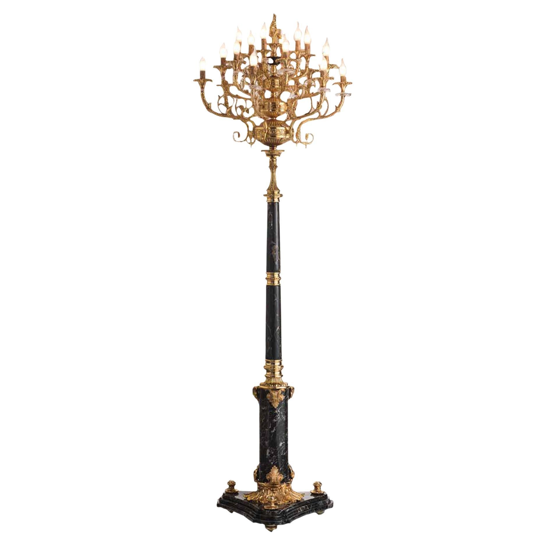 Antique Charming 12-Lights Floor Lamp Made by Portoro Marble and Gold Finishing For Sale