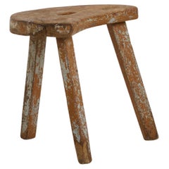 Antique Charming Primitive Folk Art Stool, Swedish Handmade in Solid Pine