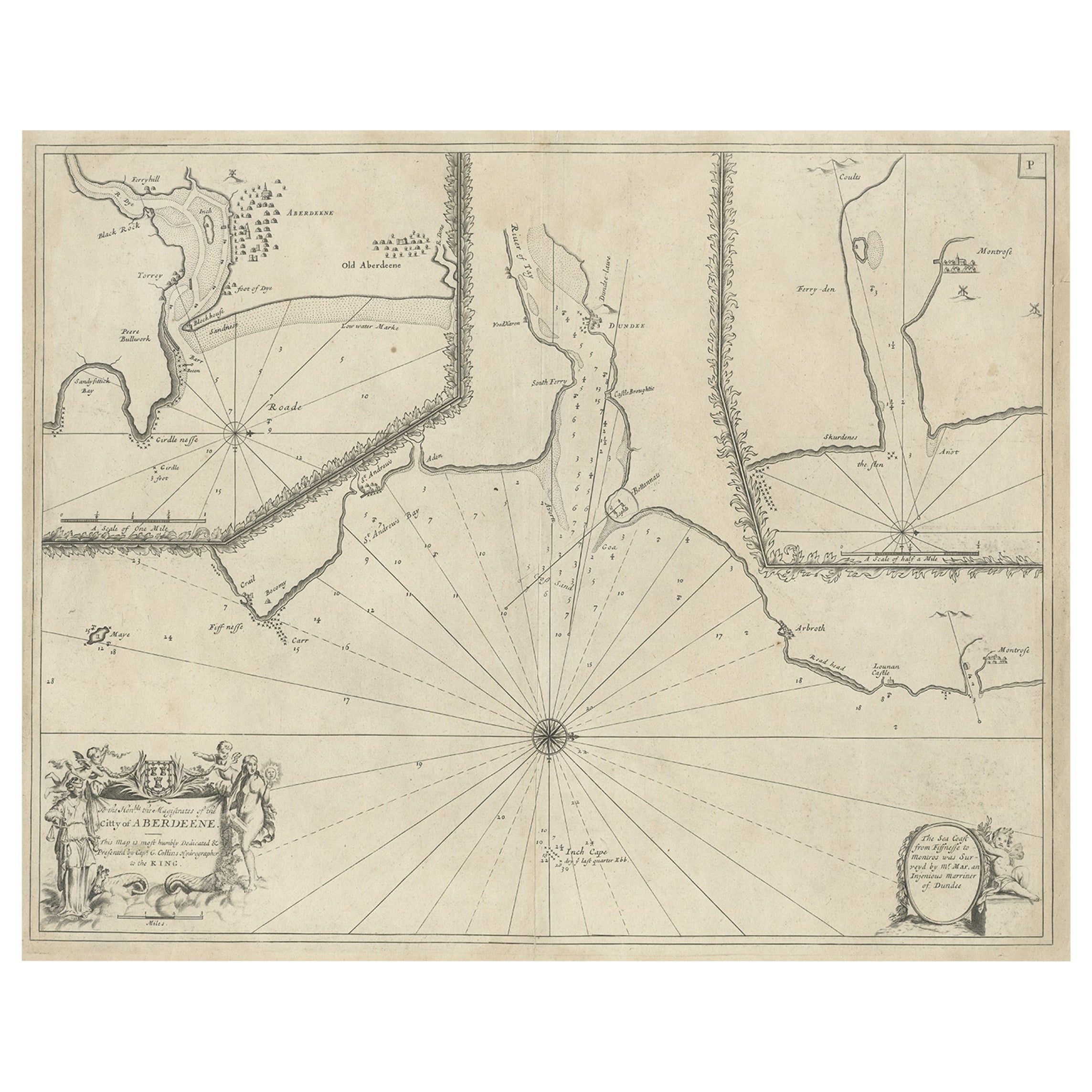 Antique Chart of Dundee, Aberdeen and Montrose in Scotland, C.1774