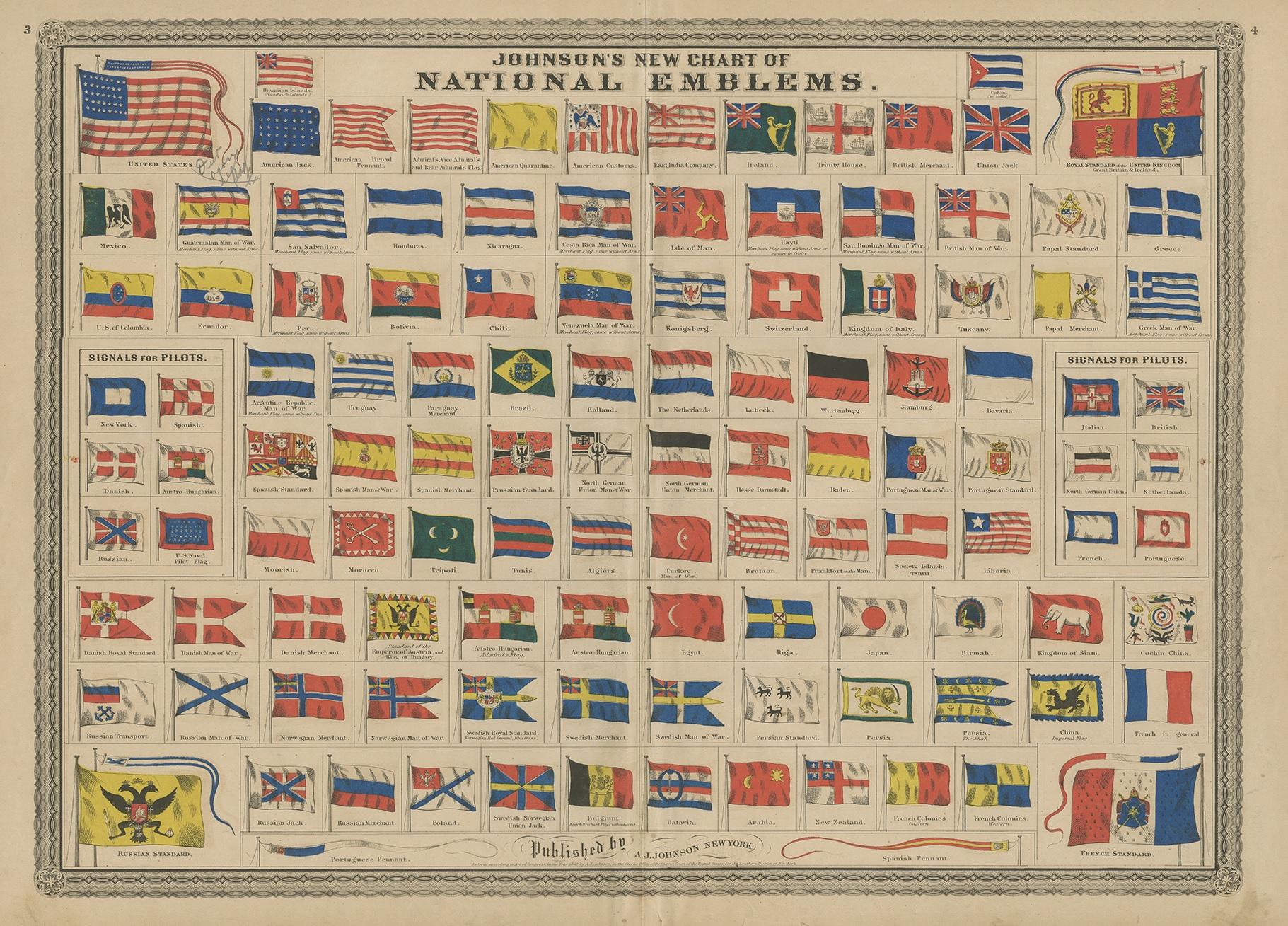 Antique print titled 'Johnson's New Chart of National Emblems'. Original chart showing national eblembs of the world. This map originates from 'Johnson's New Illustrated Family Atlas of the World' by A.J. Johnson. Published 1872.