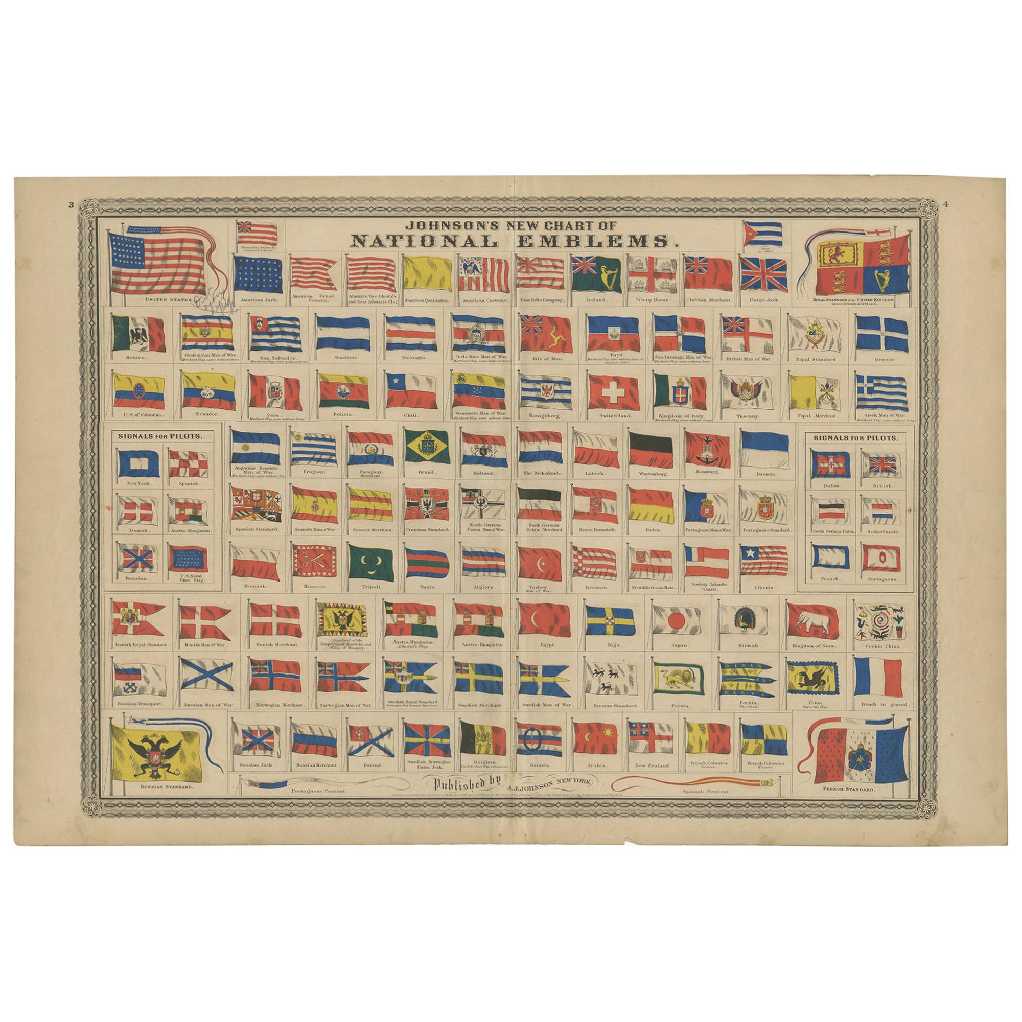 Antique Chart of National Emblems by Johnson, 1872