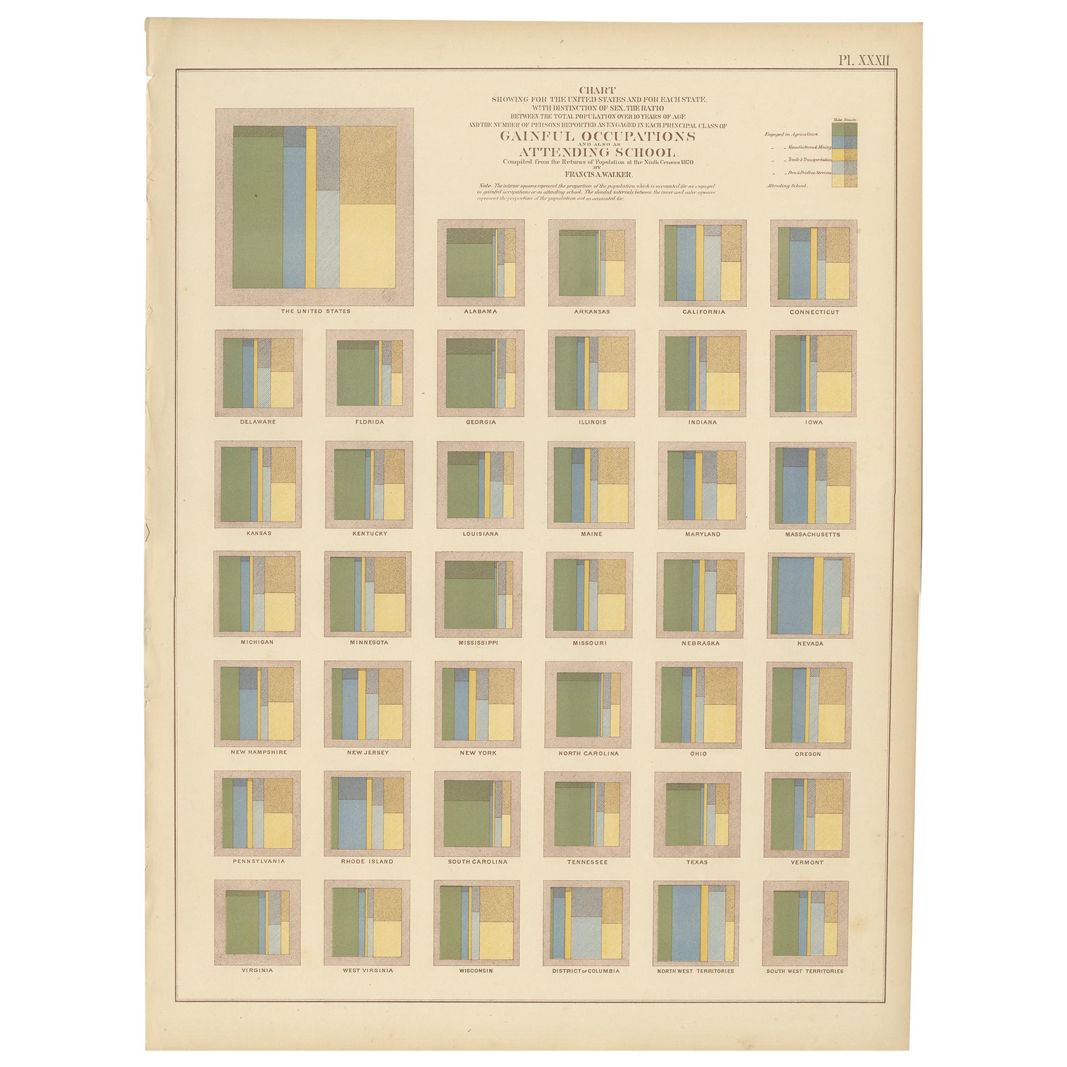Antique Chart of Occupations and School Attendance of the United States, 1874