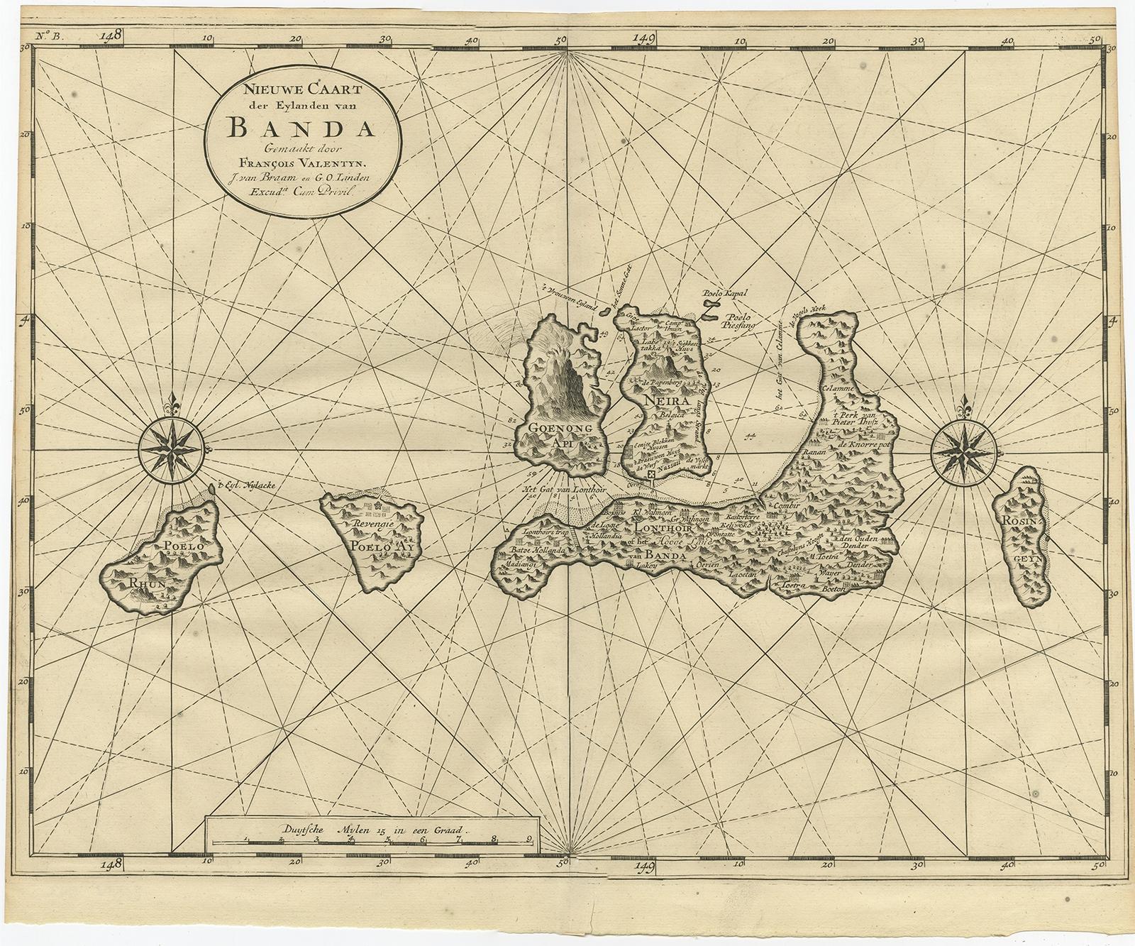 Antike Karte mit dem Titel 'Nieuwe Caart der Eylanden van Banda'. 

Schöne Karte der Banda-Inseln einschließlich Banda Api, Banda Neira, Banda Besar, Pulau Hatta (Rosengain), Pulau Ai und Pulau Run. Dieser Druck stammt aus 