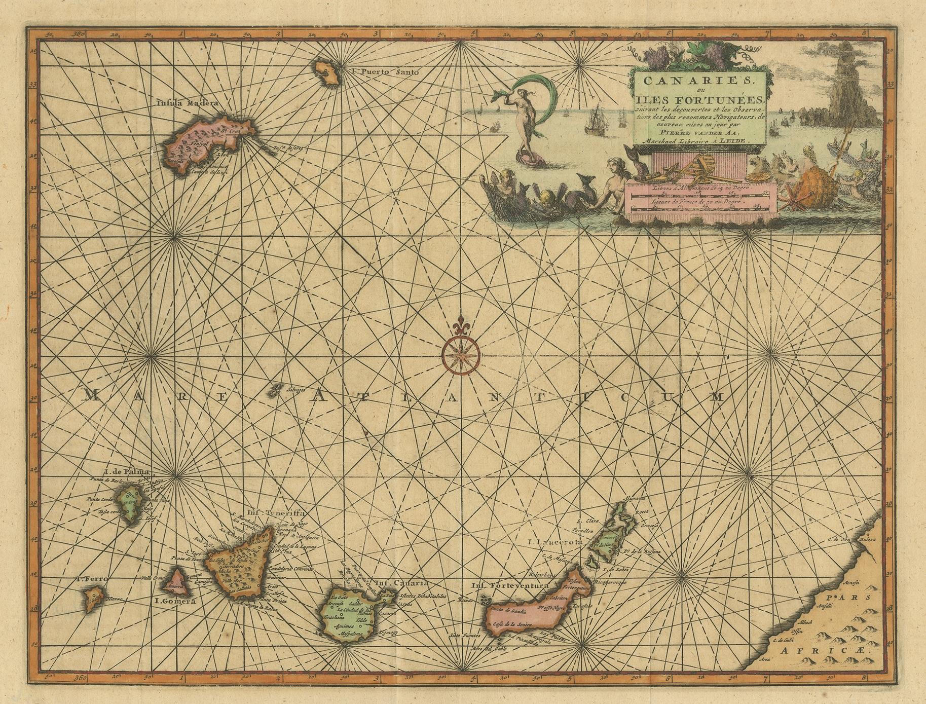 Antique map titled 'Canaries ou Iles Fortunee'. Chart of the Canary Islands (former Fortune Islands), situated off the northwest coast of Africa. Published by P. van der Aa, circa 1720.