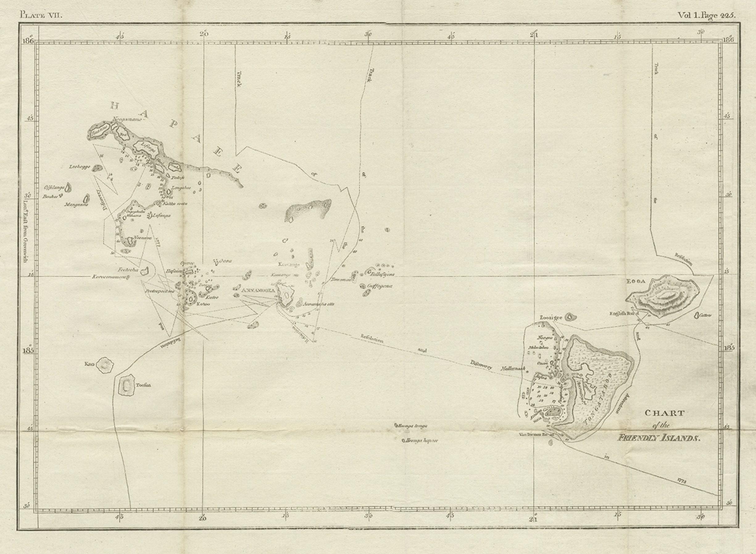 Antike Karte der Freundlichen Inseln oder heute Tonga, von Cook, 1784 (Papier) im Angebot