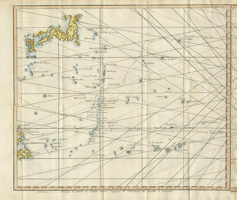 Antique map titled 'Carte de la Mer du Sud ou Mer Pacifique'. Original chart of the mid-Pacific Ocean, includes voyage tracks of Anson’s Centurion and the ship he stalked, the Spanish treasure galleon, Nuestra Señora de la Covadonga. The chart shows