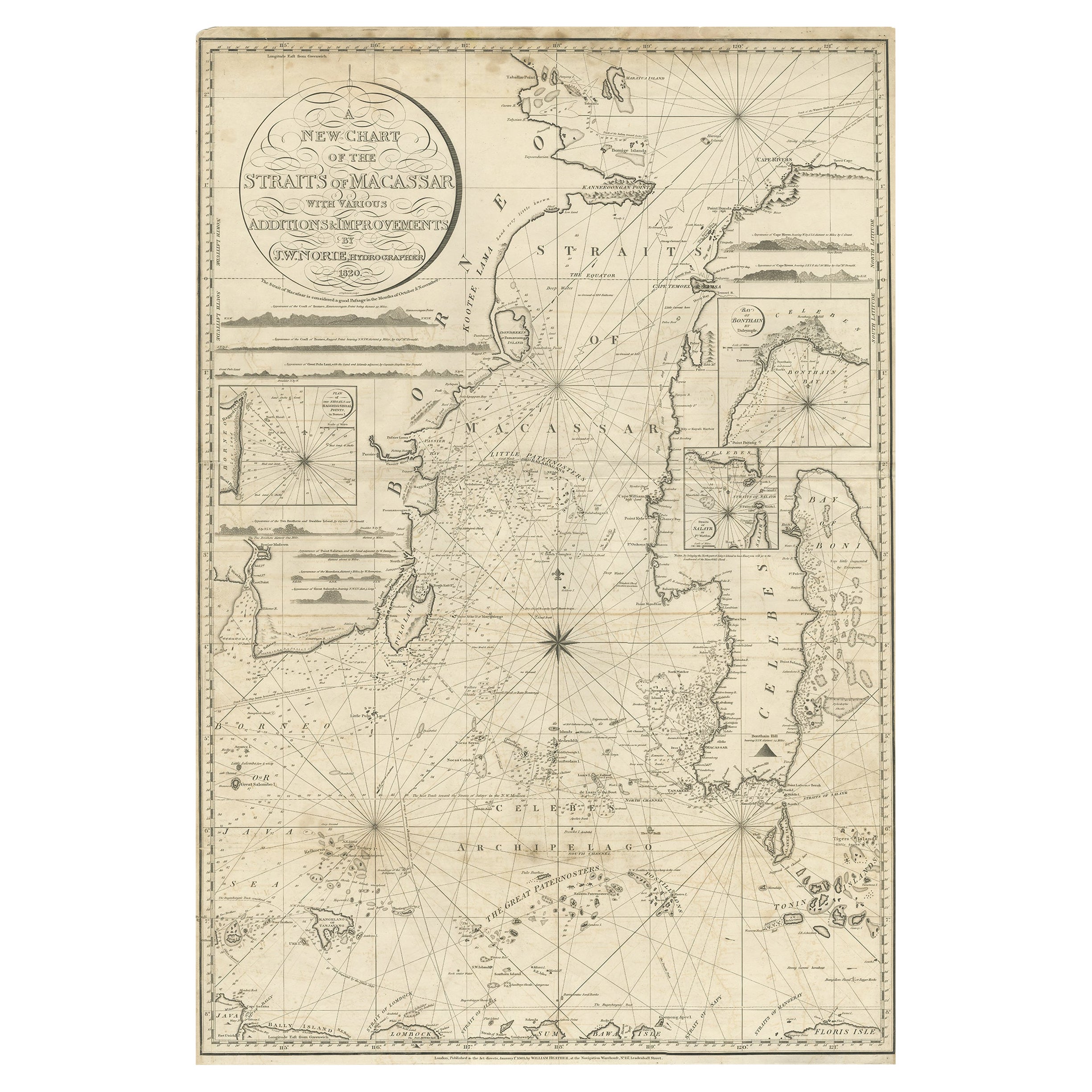 Carte ancienne des côtes de Makassar, en Indonésie, avec Borneo et Celebes-1820