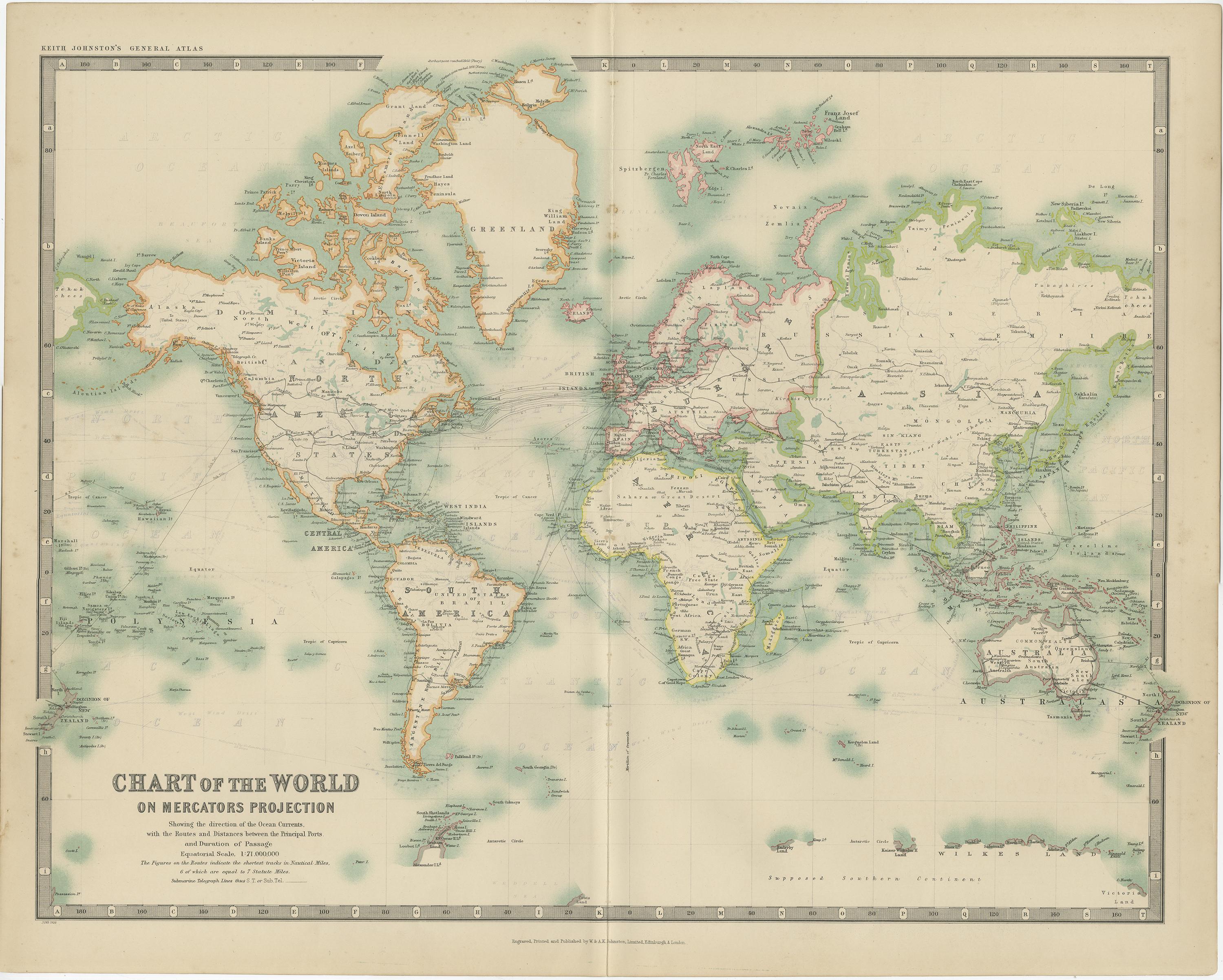 Antique map titled 'Chart of the World on Mercator's Projection Showing the directions of the Oceans Currents with the Routes and Distances Between Principal Ports'. Detailed map of the World, centred on the Pacific Ocean, and showing currents,