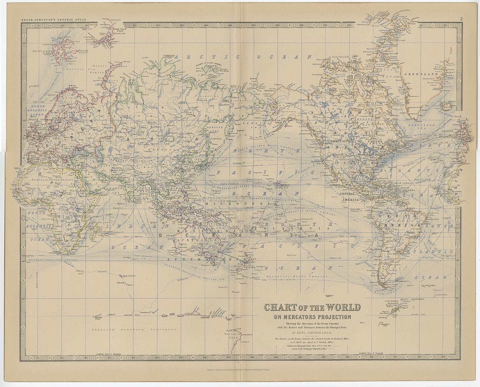 Antique map titled 'Chart of the World on Mercators Projection'. 

Old map of the world showing the direction of the ocean currents, with the routes and distances between the Principal Ports. This map originates from 'The Royal Atlas of Modern