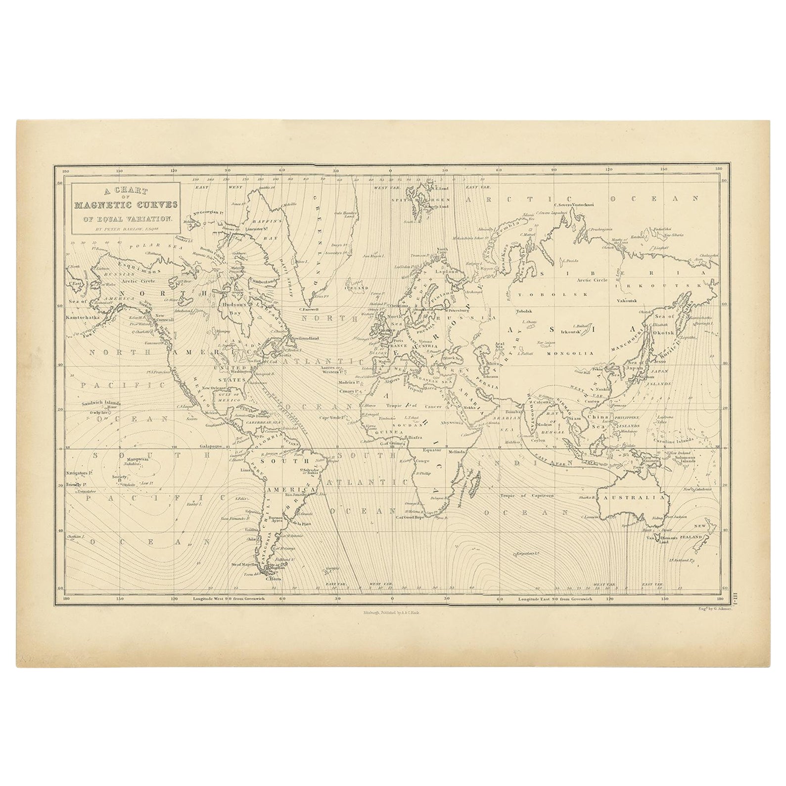 Tableau ancien avec lignes iso magnétiques par Black, 1854