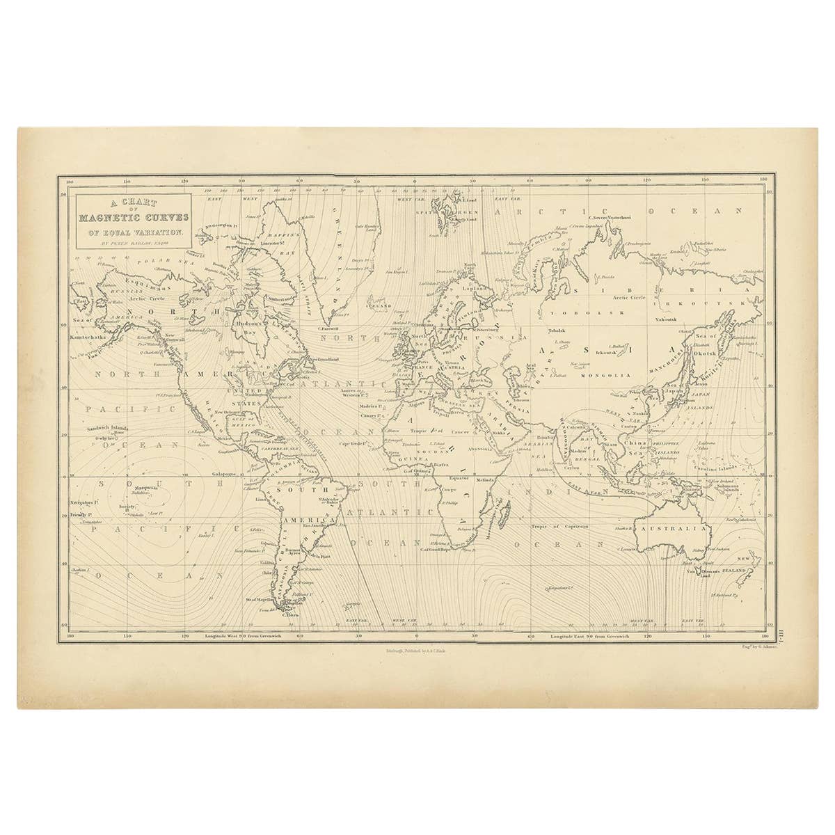 Antique Chart with Isomagnetic Lines by Black, 1854