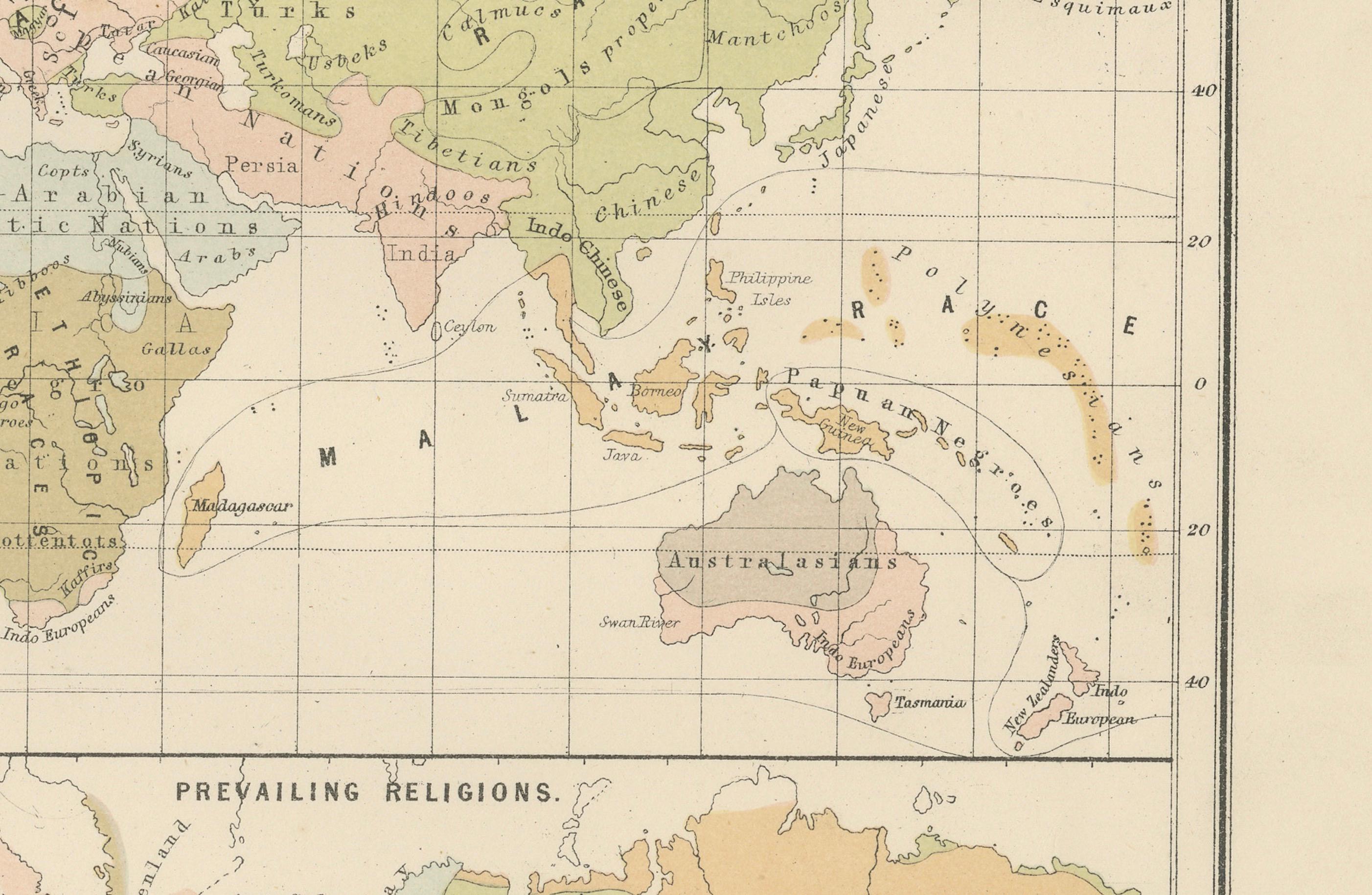 Paper Antique Charts of the World – Physical Features and Ethnographical Map, 1884 For Sale