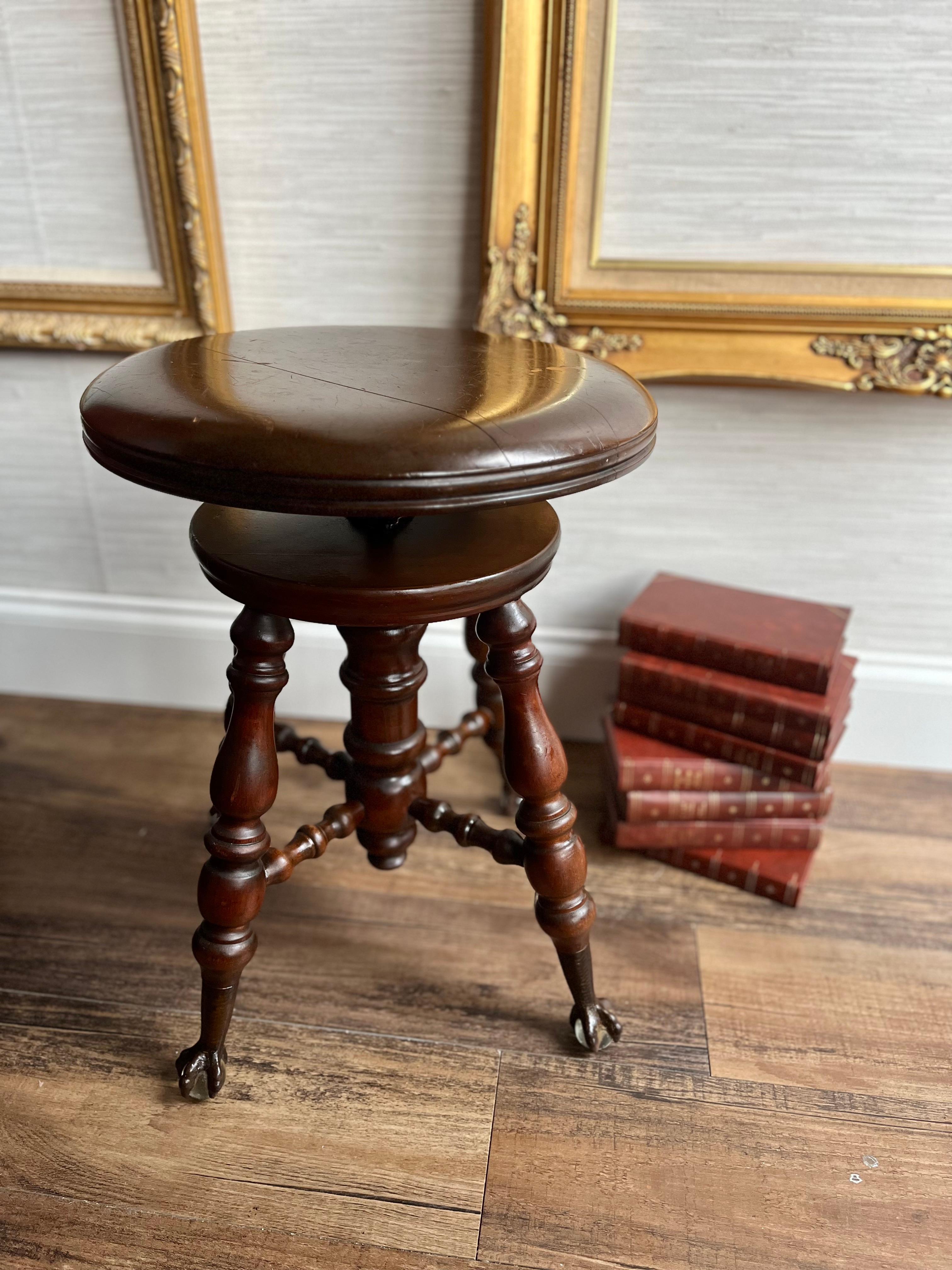 American Antique Chas Parker Co. Adjustable Height Piano Stool With Claw Feet