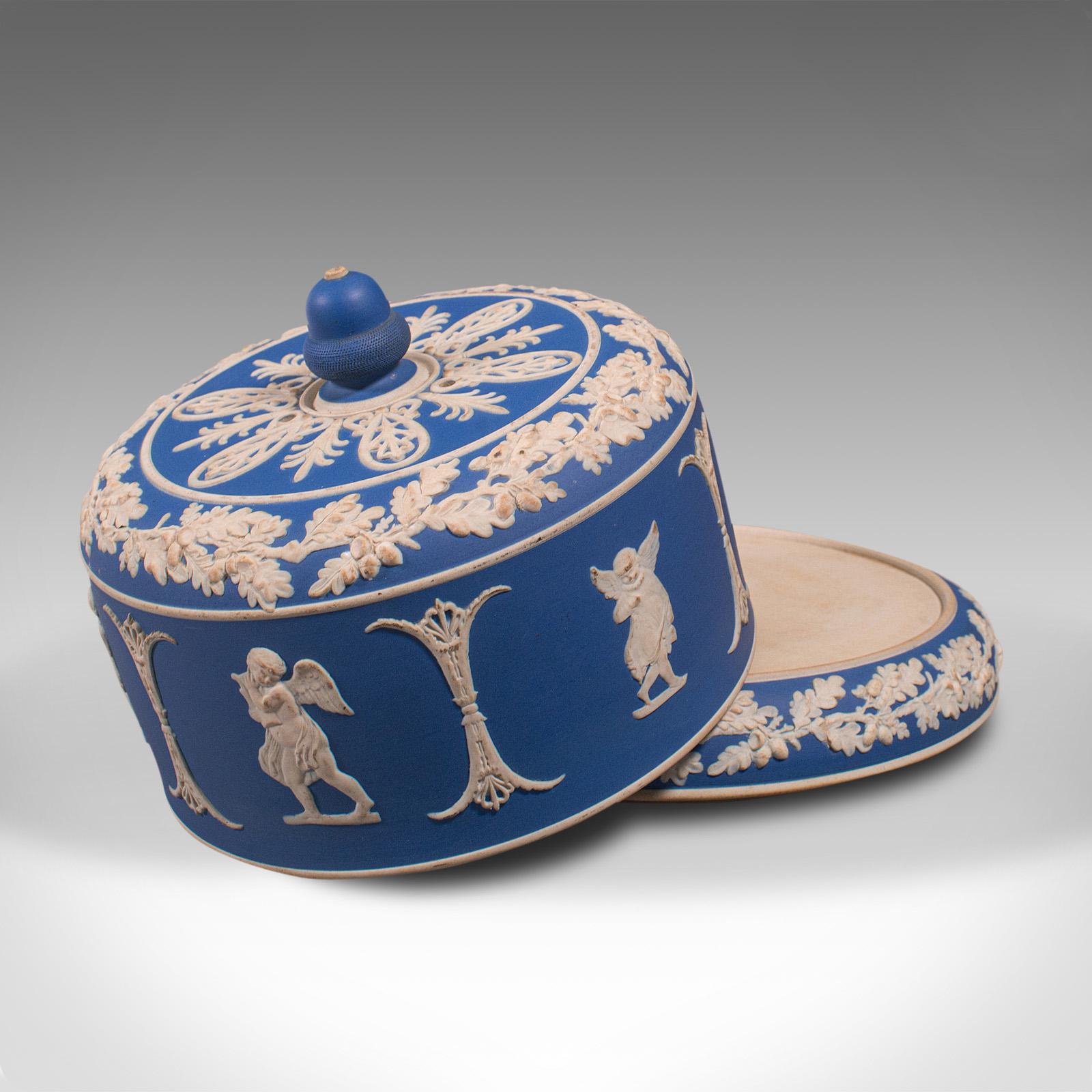 This is an antique decorative cheese keeper. An English, Jasperware serving dome in the manner of Wedgwood, dating to the early Victorian period, circa 1850.

Alluring cheese keeper with attractive blue palette
Displays a desirable aged patina