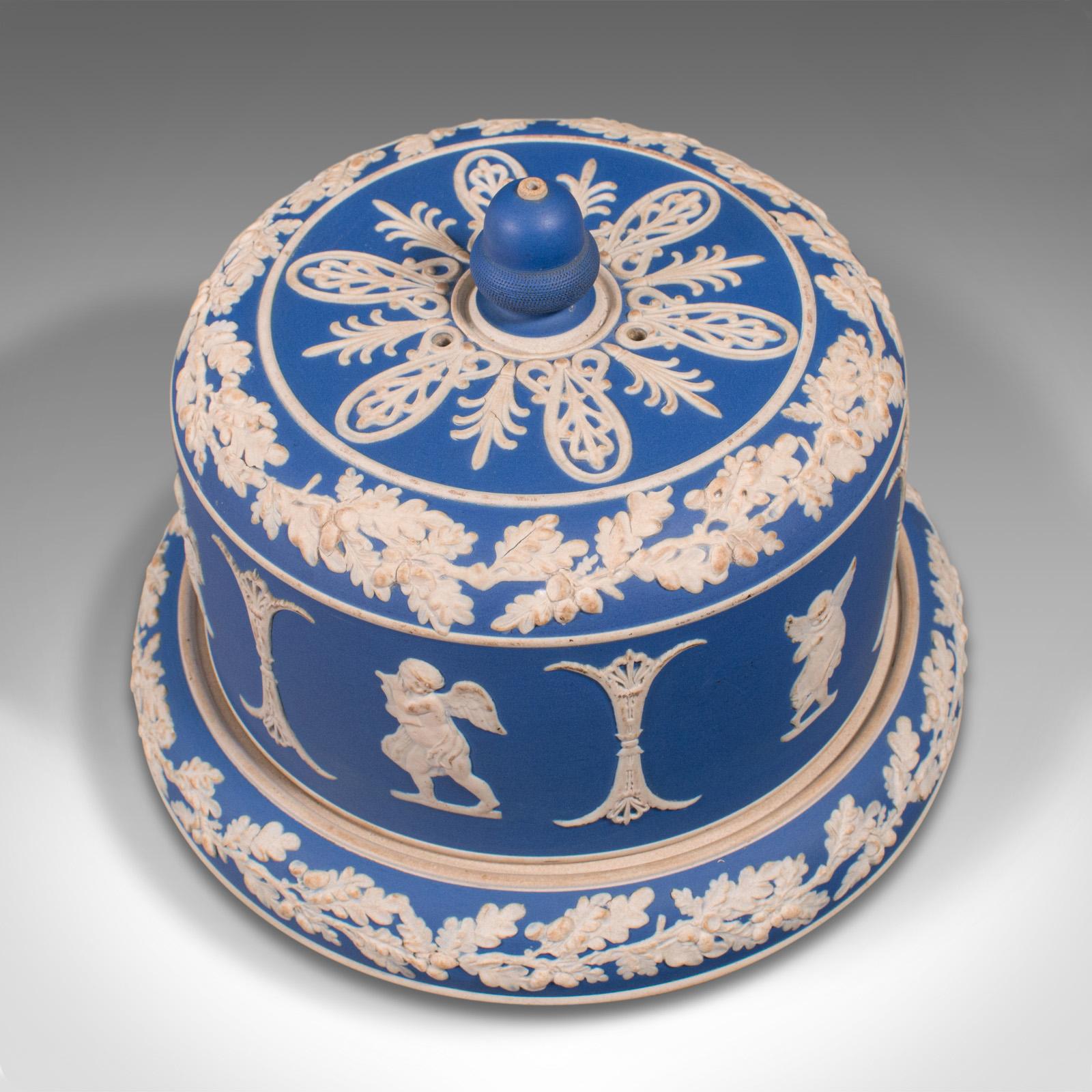 British Antique Cheese Keeper, English, Jasper, Serving Dome, After Wedgwood, Victorian For Sale