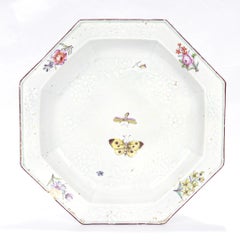Antique Chelsea Porcelain Damasked or Molded Octagonal Plate with Butterfly