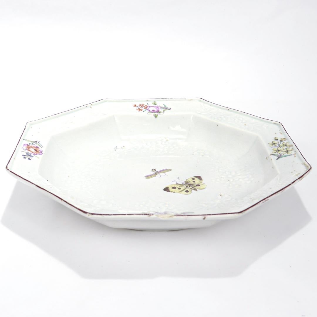 English Antique Chelsea Porcelain Damasked or Molded Octagonal Plate with Butterfly For Sale