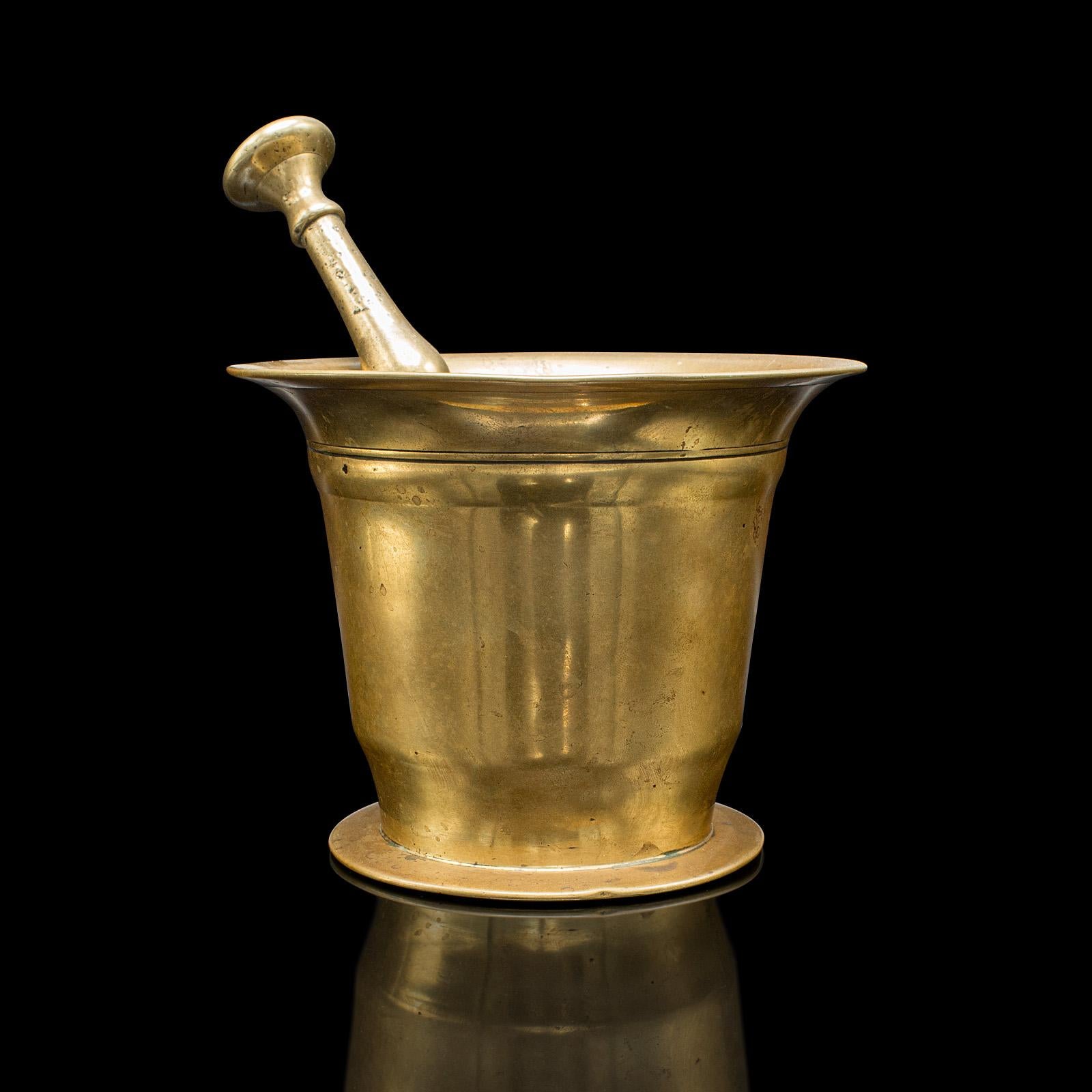 British Antique Chemist's Mortar & Pestle, English Brass Apothecary Aid, Victorian, 1850 For Sale