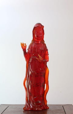 Antique Cherry Amber Resin Guanyin Sculpture